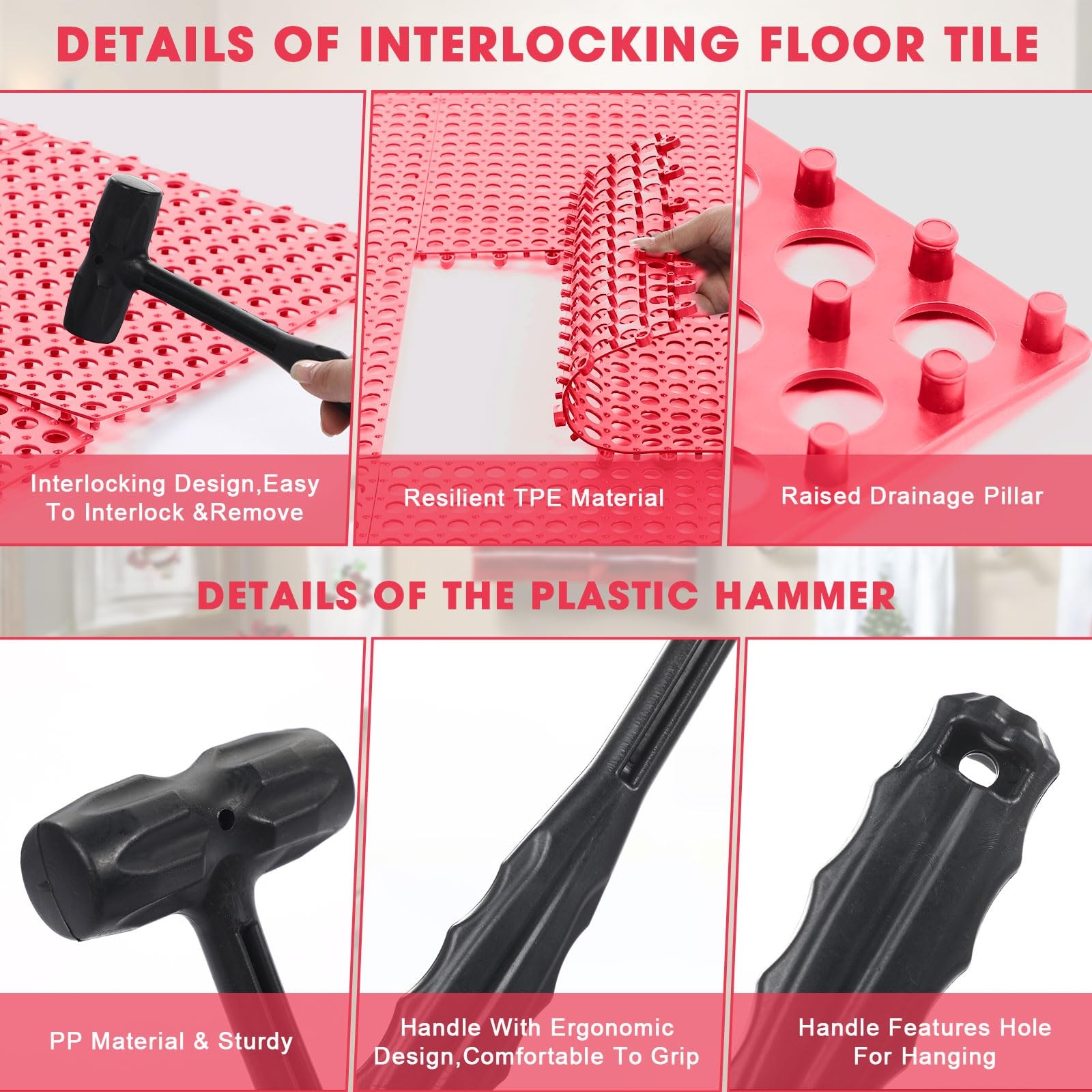 Drydiet 8 Pack Drainage Tiles Modular Interlocking 12 x 12 inches, Dark Red