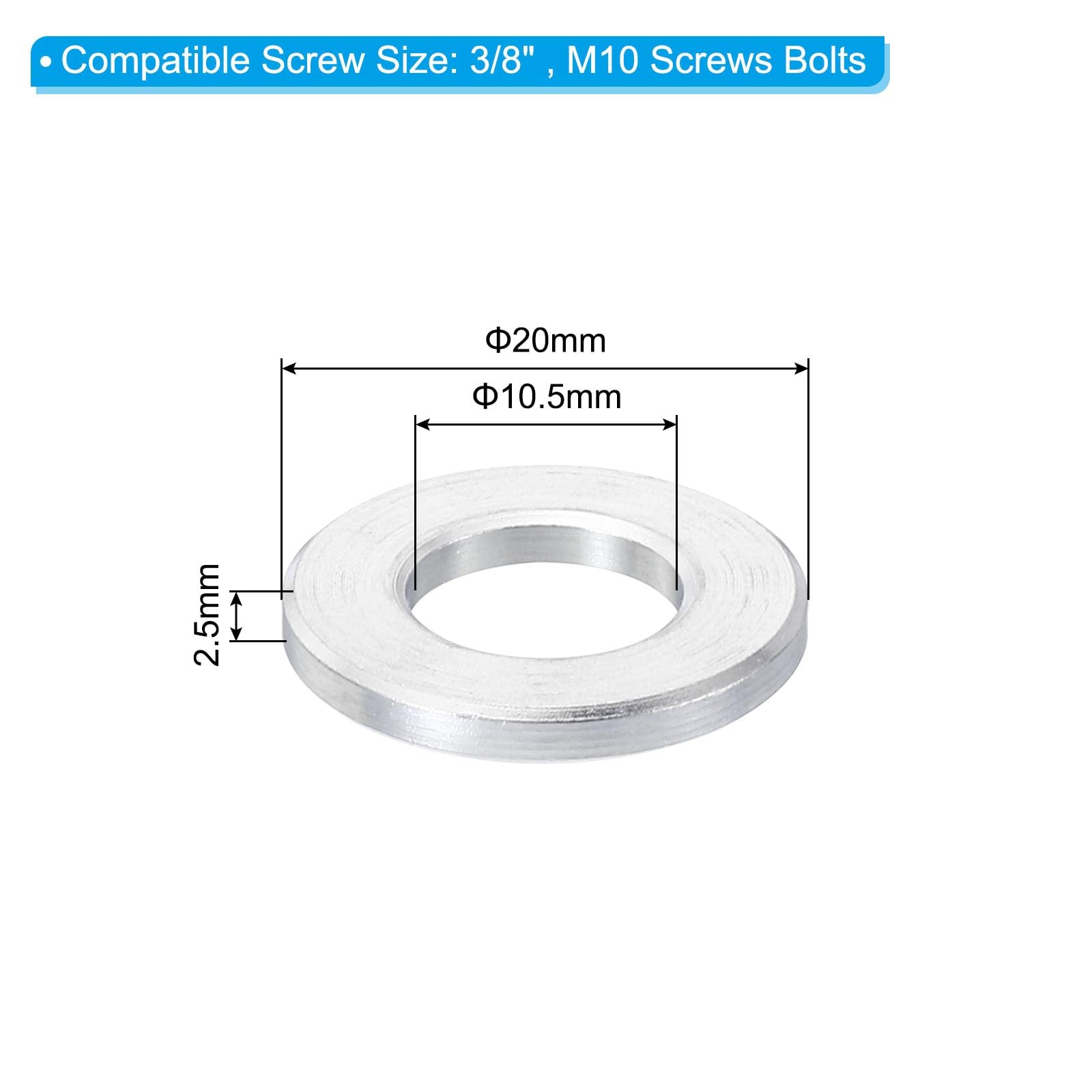 PATIKIL M10 Aluminum Spacers, 10 Pcs 10.5mm ID x 20mm OD x 2.5mm L, Silver