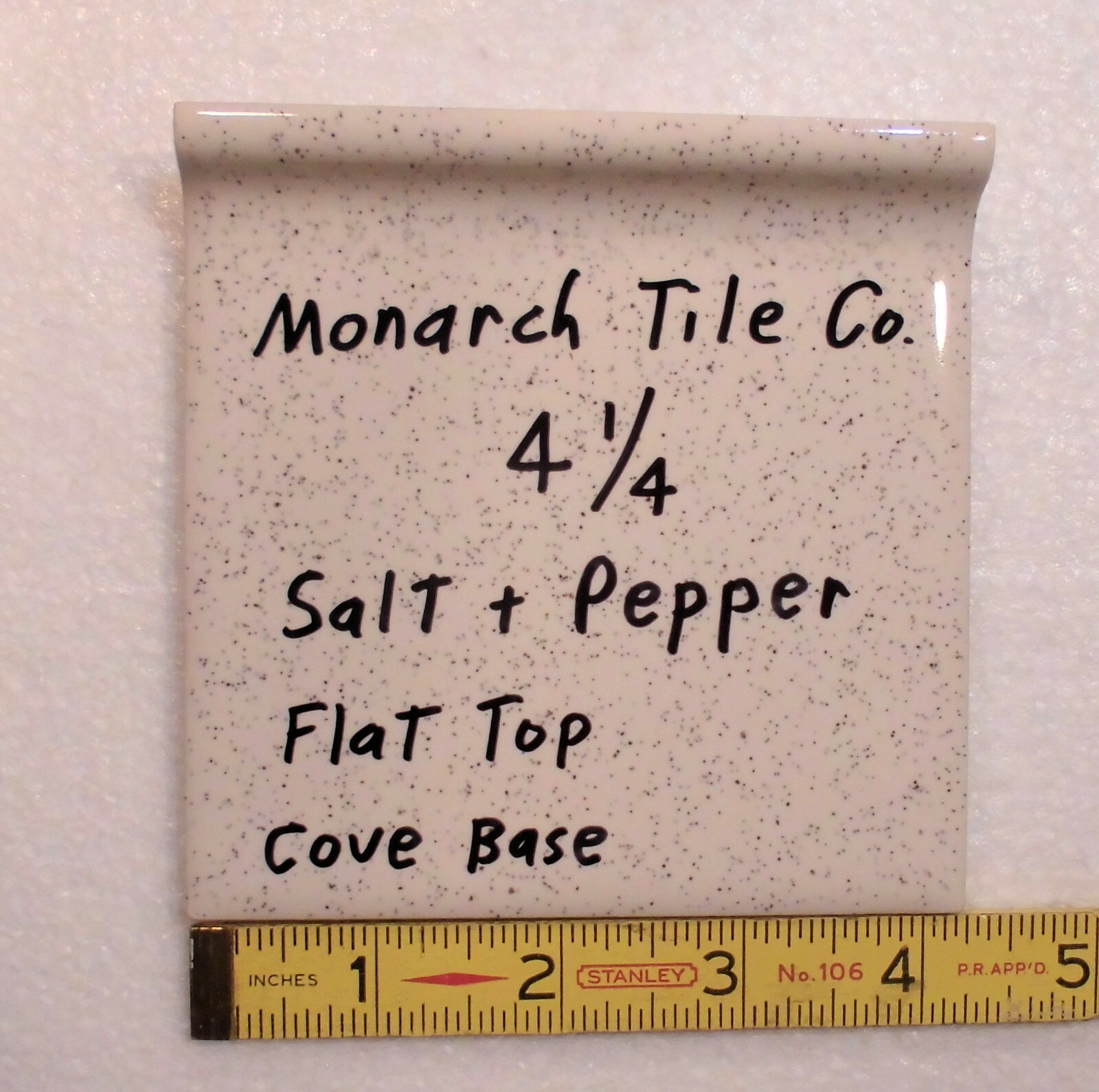 1 pc. Cove-Base Ceramic Tile *Salt & Pepper* 4-1/4″ Monarch Co. Flat top, Glossy