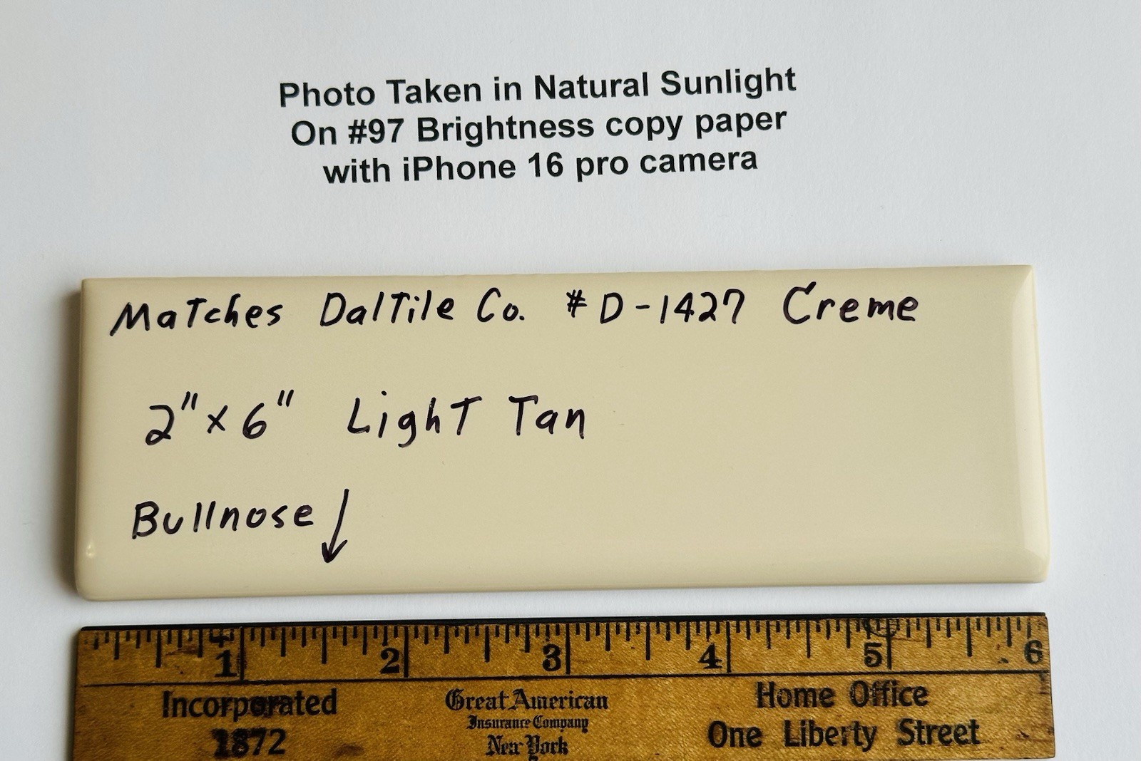 1 pc. Light Tan – Cream: 2″ X 6″ Glossy Ceramic Bullnose Tile, Daltile #D-1427