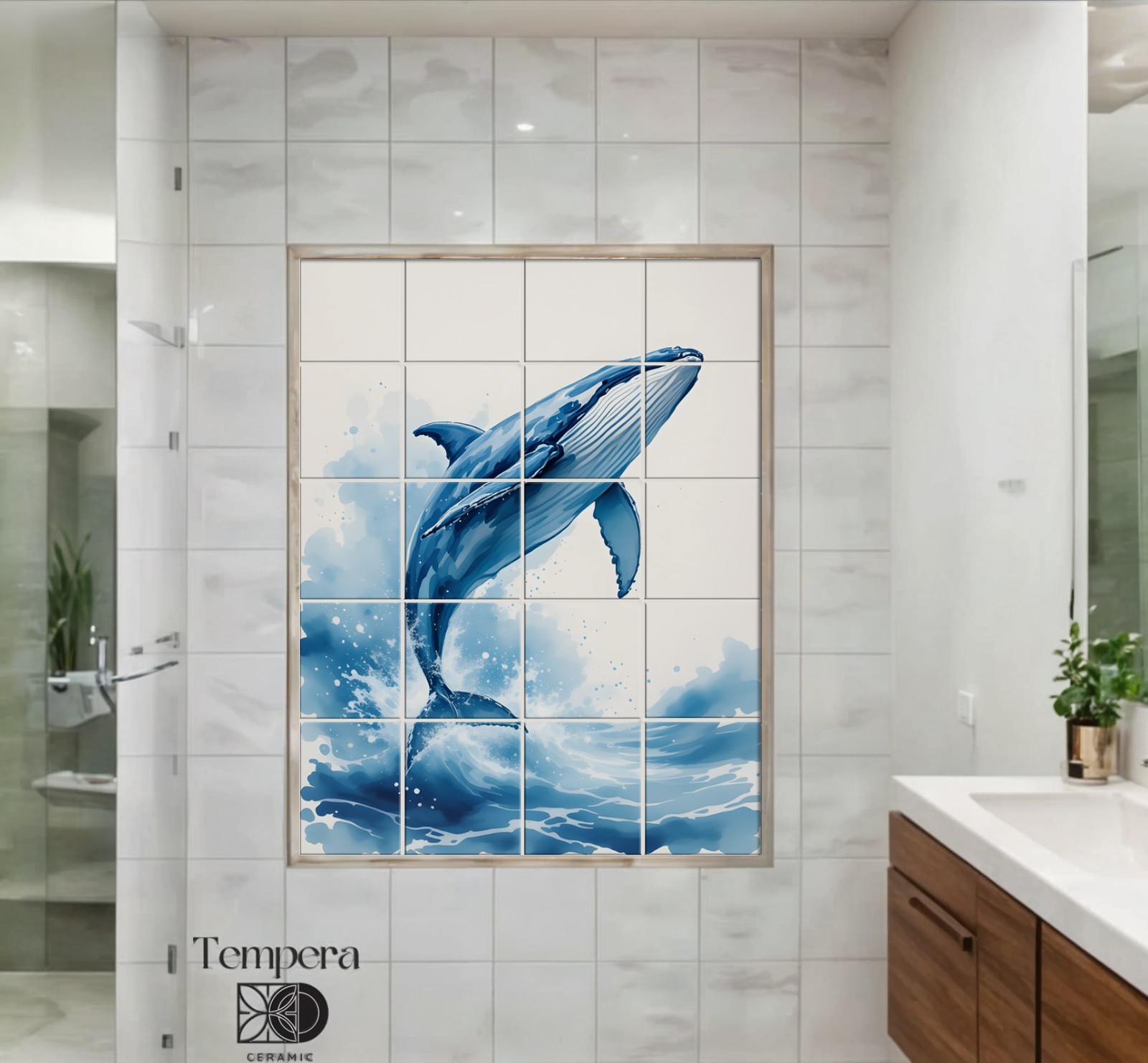 Whale tiles mural for bathroom decor, nautical shower niche tiles, bathroom tile