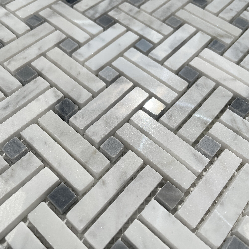 C697XP Carrara White Diagonal Basket Weave Gray dots Marble Mosaic Polished