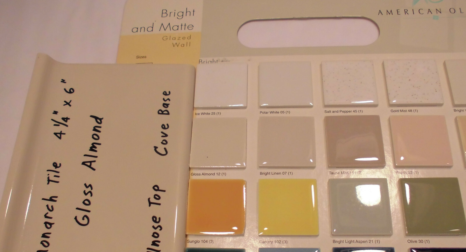 1 pc. Gloss Almond: Bullnose Top Cove-Base Ceramic Tile: 6″ X 4-1/4″ Monarch Co.