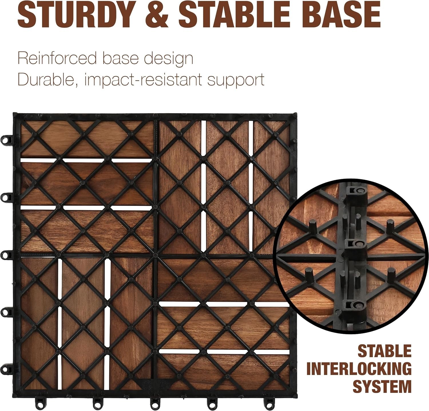 Acacia Wood Interlocking Deck Tiles, 9 Pc, 12″ x 12″ x 0.9″, Dark Brown