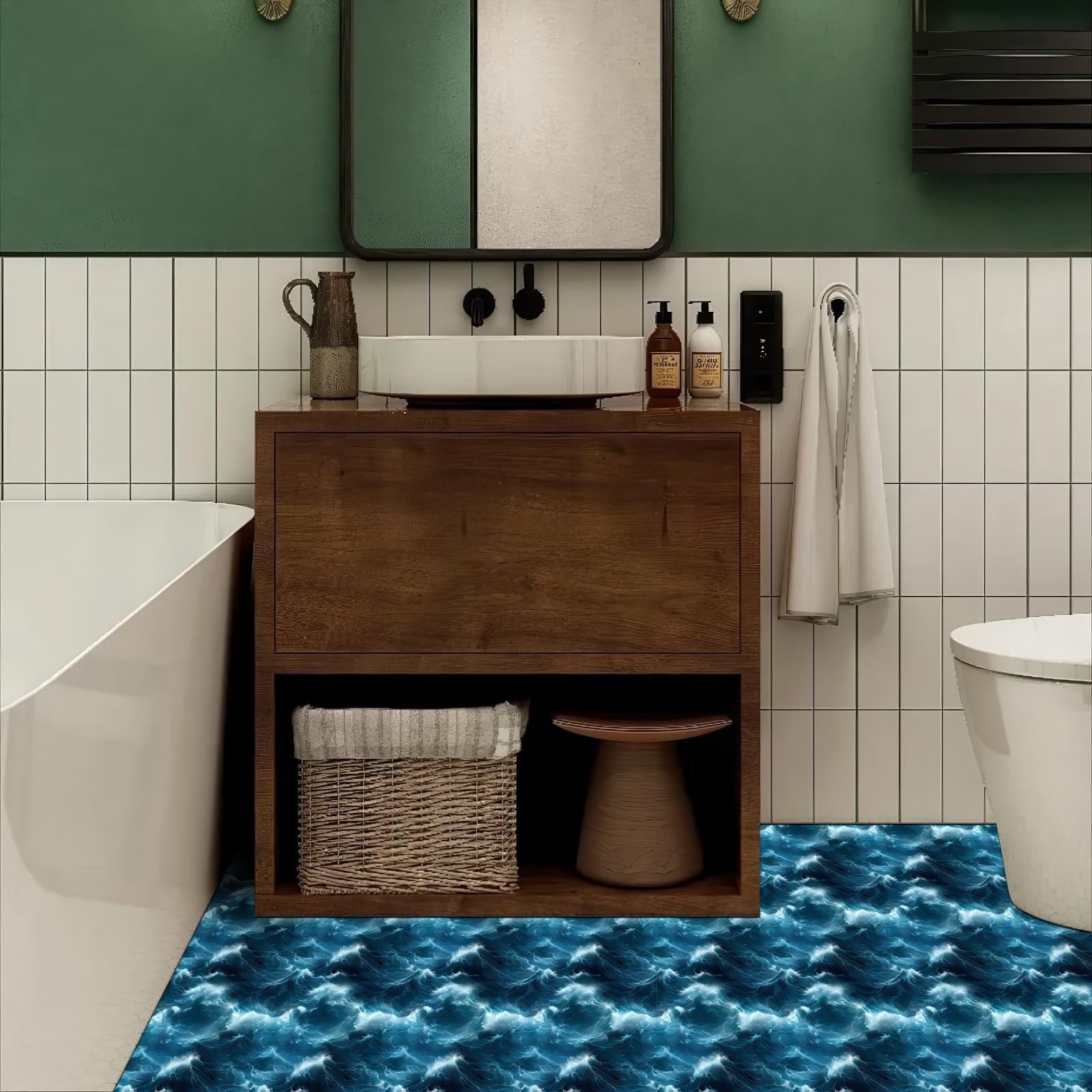 10PCS 12×12 Inch Deep Ocean Wave Look Peel and Stick Floor Tiles PVC Flat Sel…