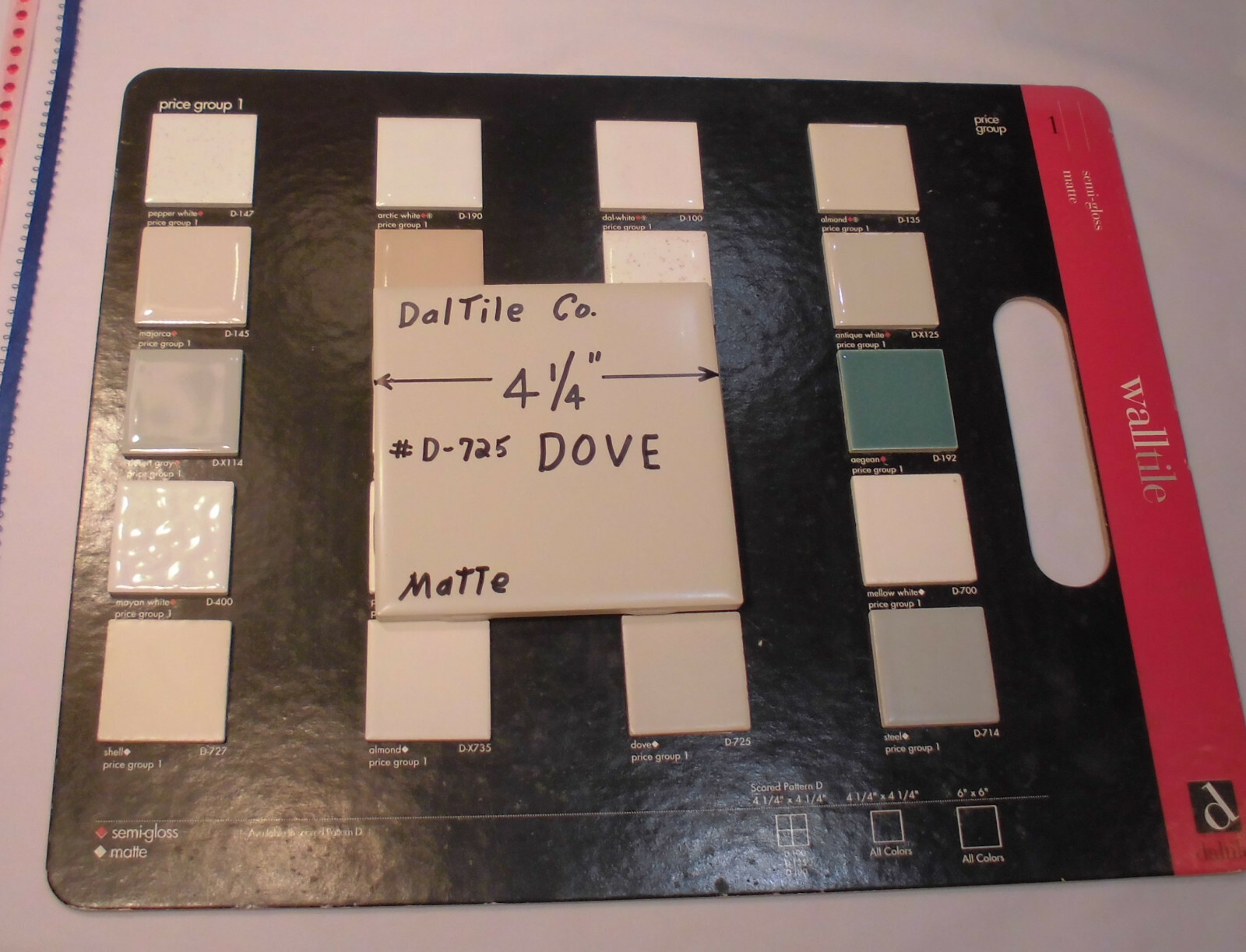 1 pc. Dove-Lite Gray; Matte Ceramic Tile by Daltile #D-725; 4-1/4″ New Stock
