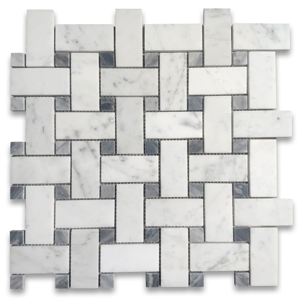 C65L7XH Carrara White Marble Basketweave Mosaic Tile Bardiglio Gray Dots Honed