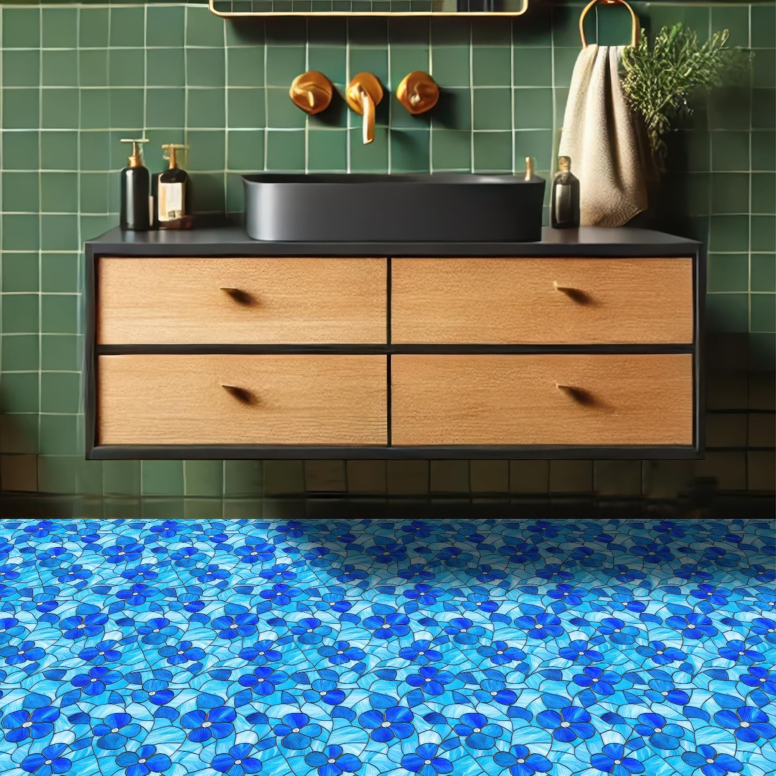 10PCS 12×12 Inch Blue Floral Textured Flat Surface Floor Tiles Peel and Stick…