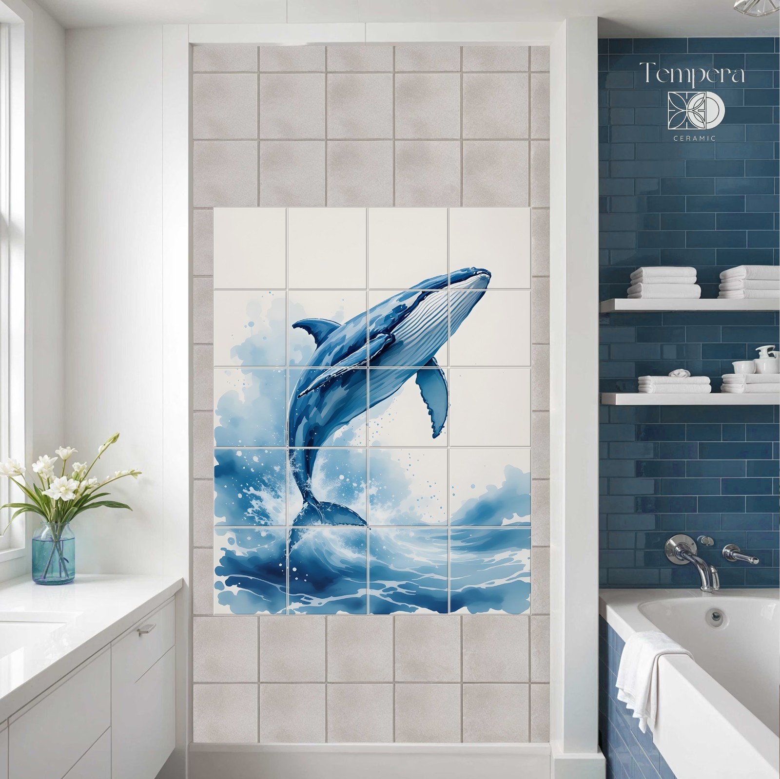 Whale tiles mural for bathroom decor, nautical shower niche tiles, bathroom tile