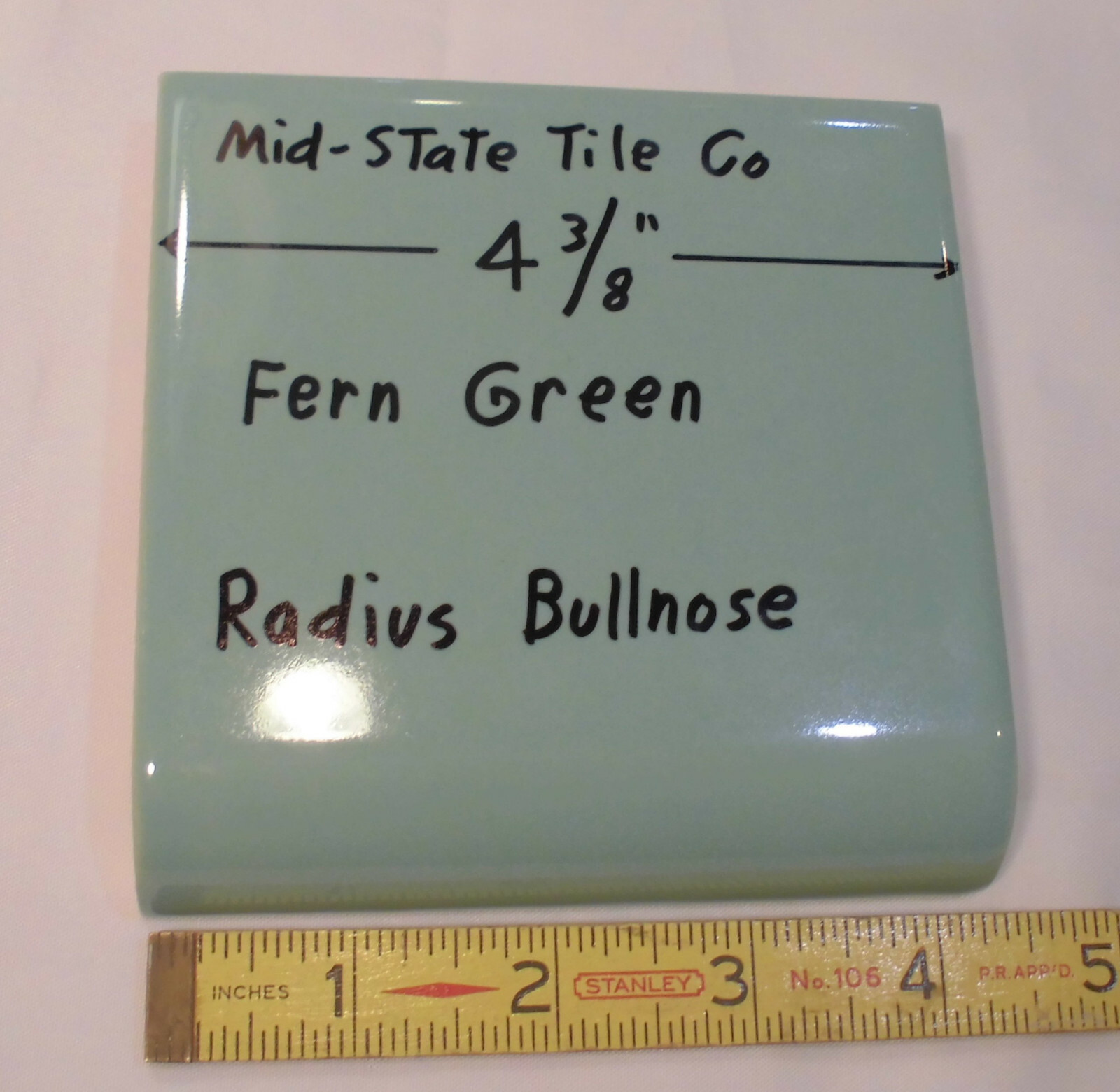 1: Fern Green Radius Bullnose Ceramic Tile 4-3/8″ by Mid-State: Glossy Mudd Cap