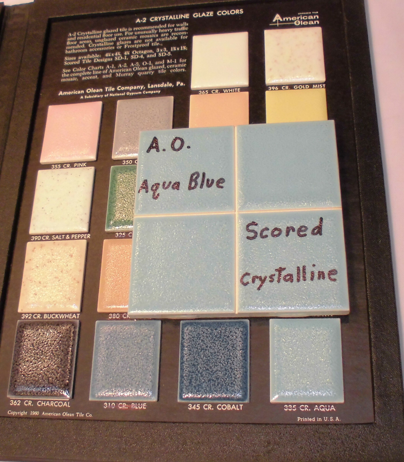 1 pc. *Aqua Blue* 4-1/4″ Ceramic Tile; Scored Crystalline by American Olean NOS