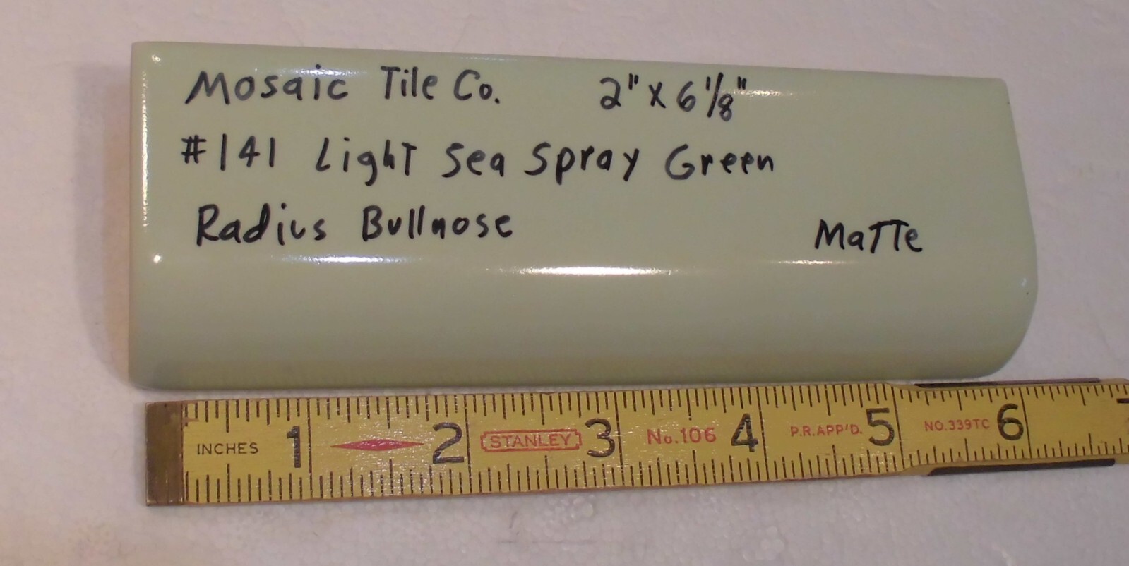 1 pc. Light Green: 2″ X 6″ Semi- Matte Ceramic Bullnose Radius Tile, Mosaic Co.