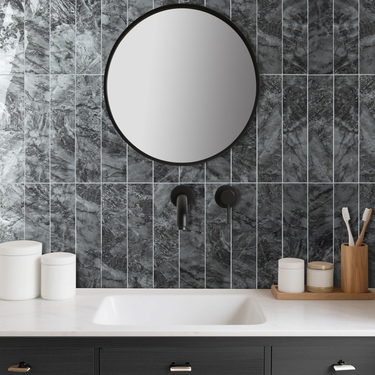 40-Piece Polished Dark Grey Marble Peel and Stick Backsplash Wall Tiles, 3″ x…