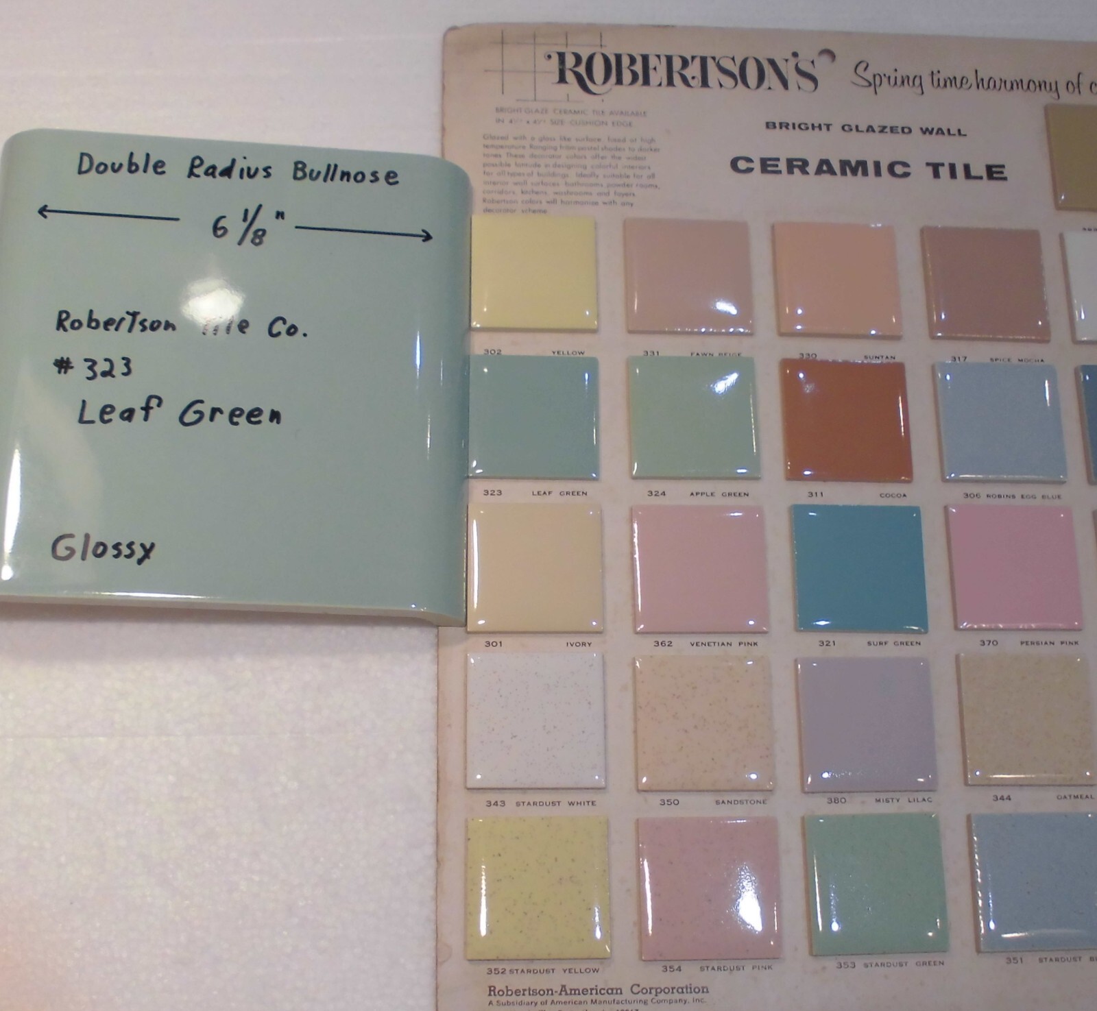 1 pc. Leaf Green 6″ x 6″ Double Radius Bullnose Glossy Ceramic Tile: NOS