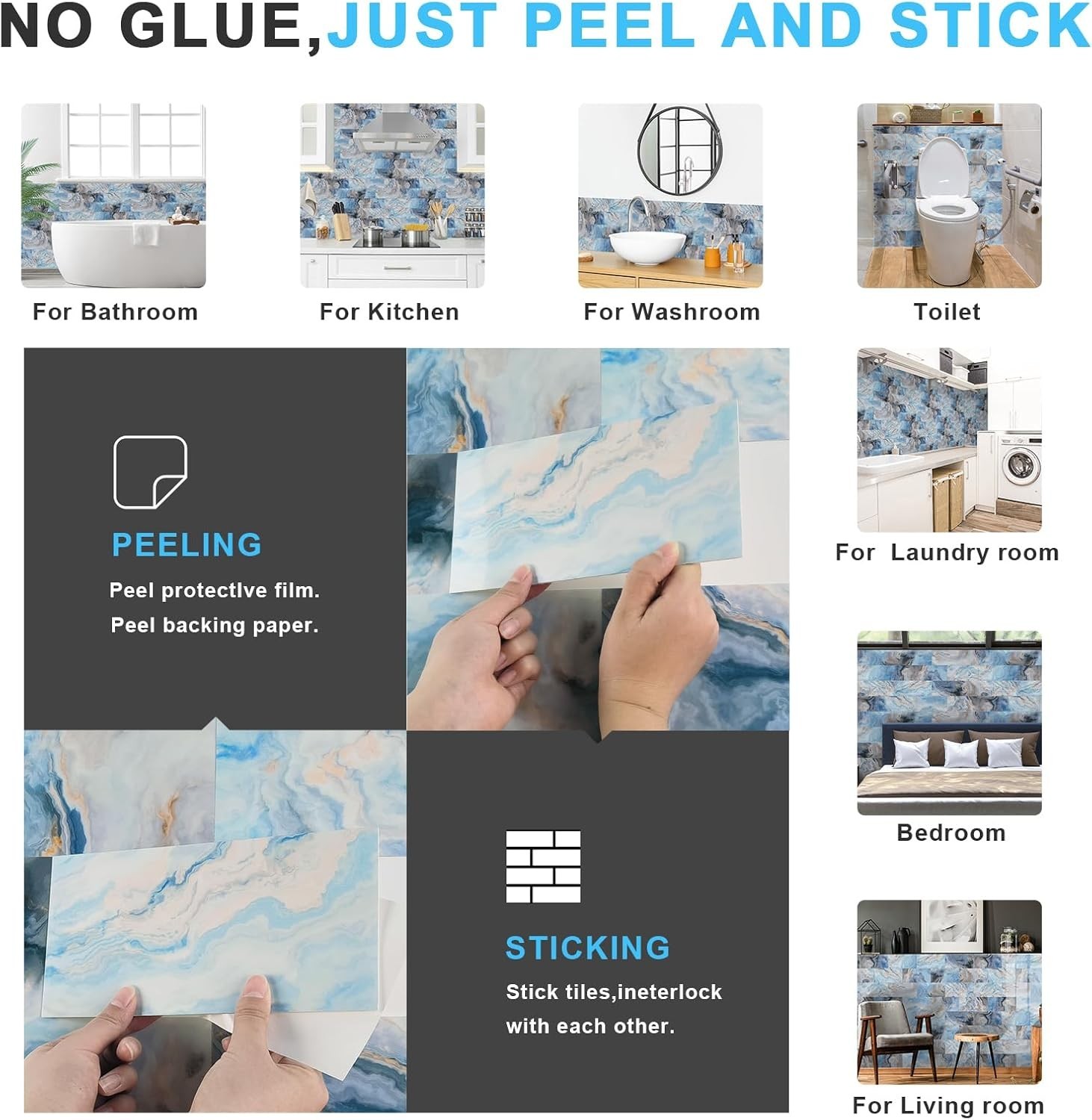 64-Piece Peel and Stick Backsplash Wall Tile, 4″x 8″ PVC Glossy Blue Marble S…