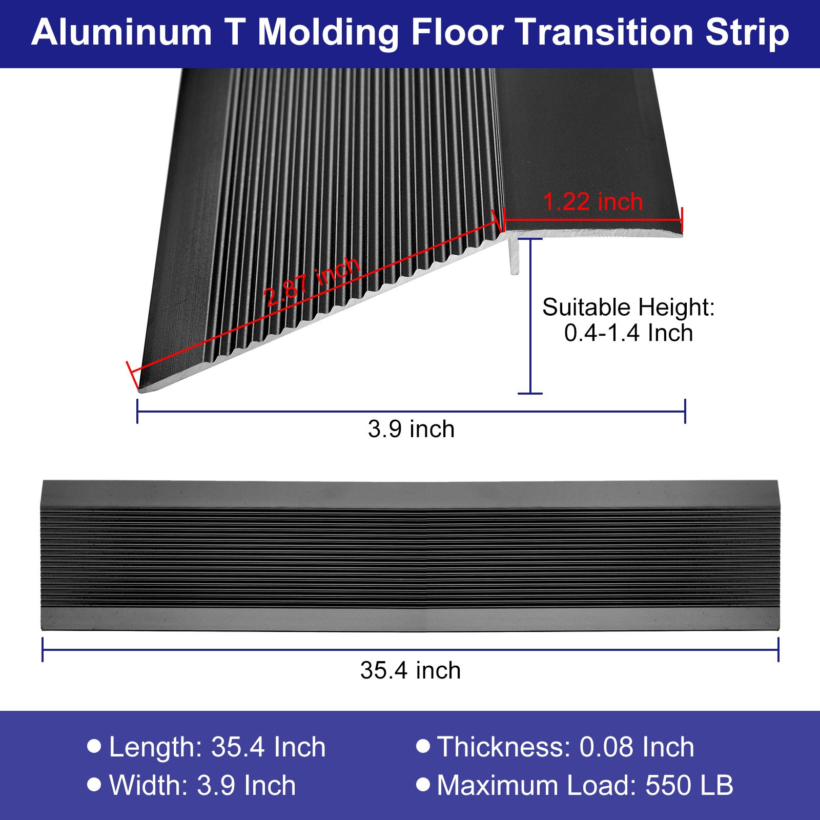 Aluminum Floor Transition Strip Door/Tile/Carpet to Tile Edging Strip Black