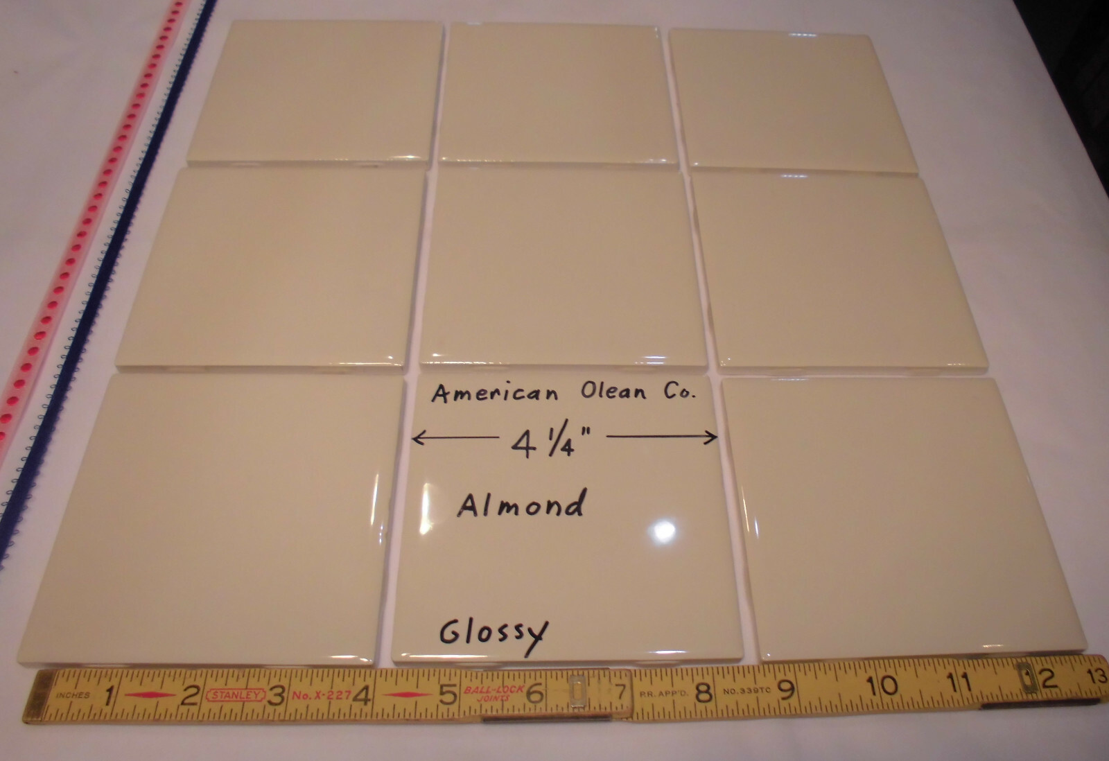 9 pcs. Glossy *Almond* 4-1/4″ Ceramic Tiles by American Olean Co. New Stock