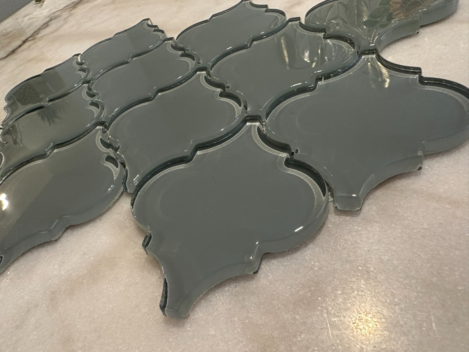 Gray Arabesque Glossy Glass Mosaic 9″x13″ Offset