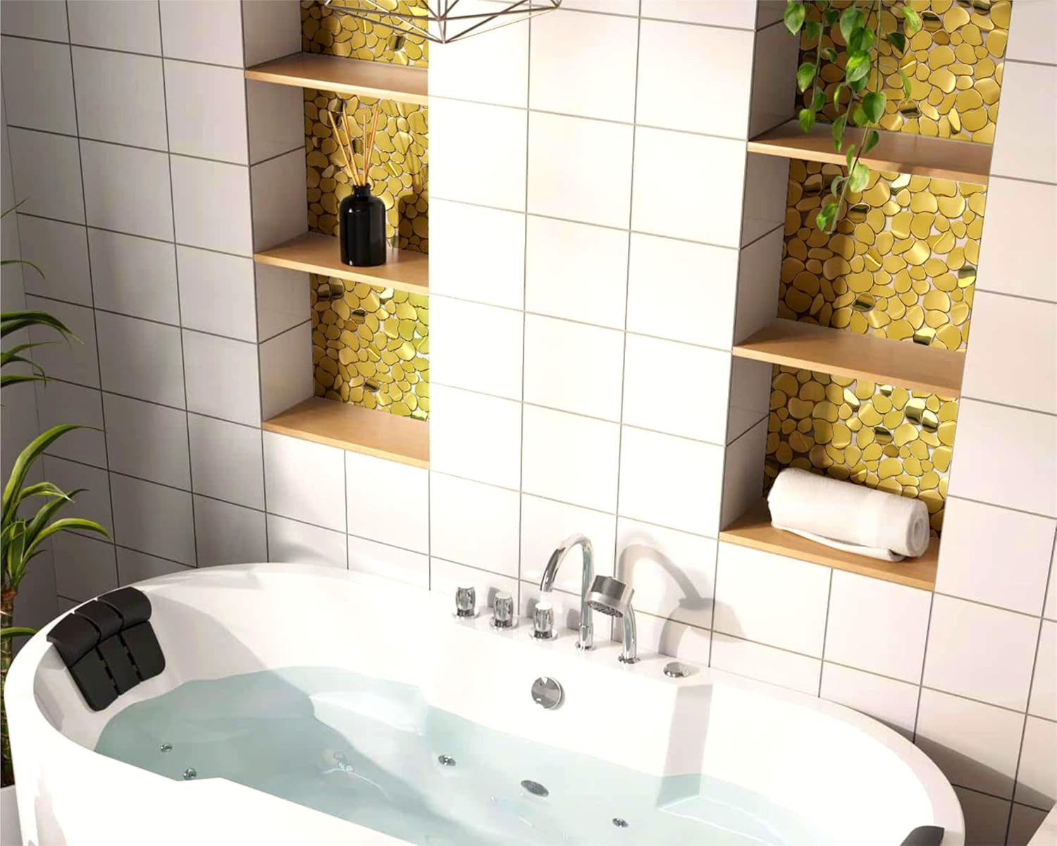 Golden Metal Pebble Mosaic Tiles, 5 Sheets Stainless Steel Backsplash Mesh Mount