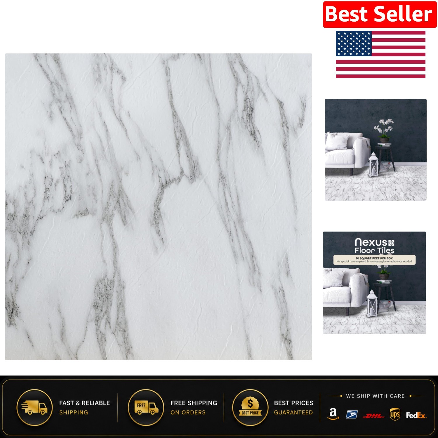 Transform Your Home with Nexus 12″x12″ Bianco Marble Vinyl Tiles – 20 Pack