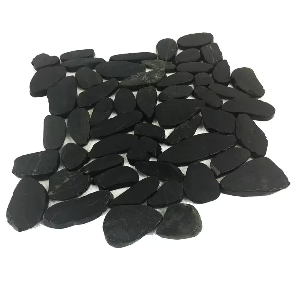 12 In. X 12 In. Black Sliced High-Polish Pebble Stone Floor and Wall Tile (5.0 S