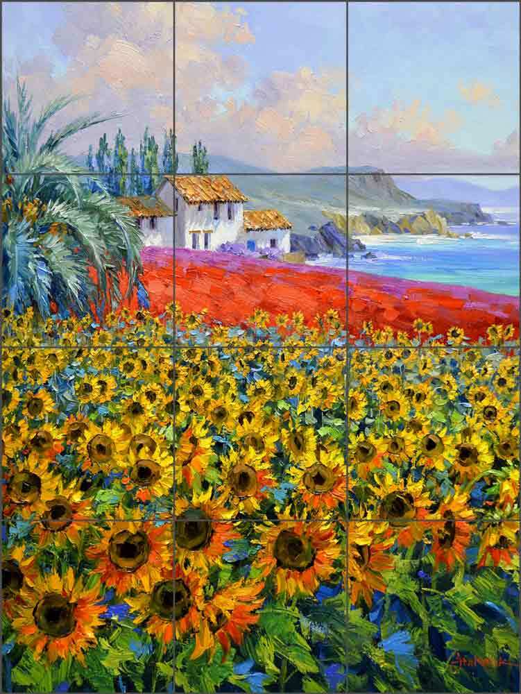 Mediterranean Tile Backsplash Mikki Senkarik Sunflower Art Ceramic Mural MSA233