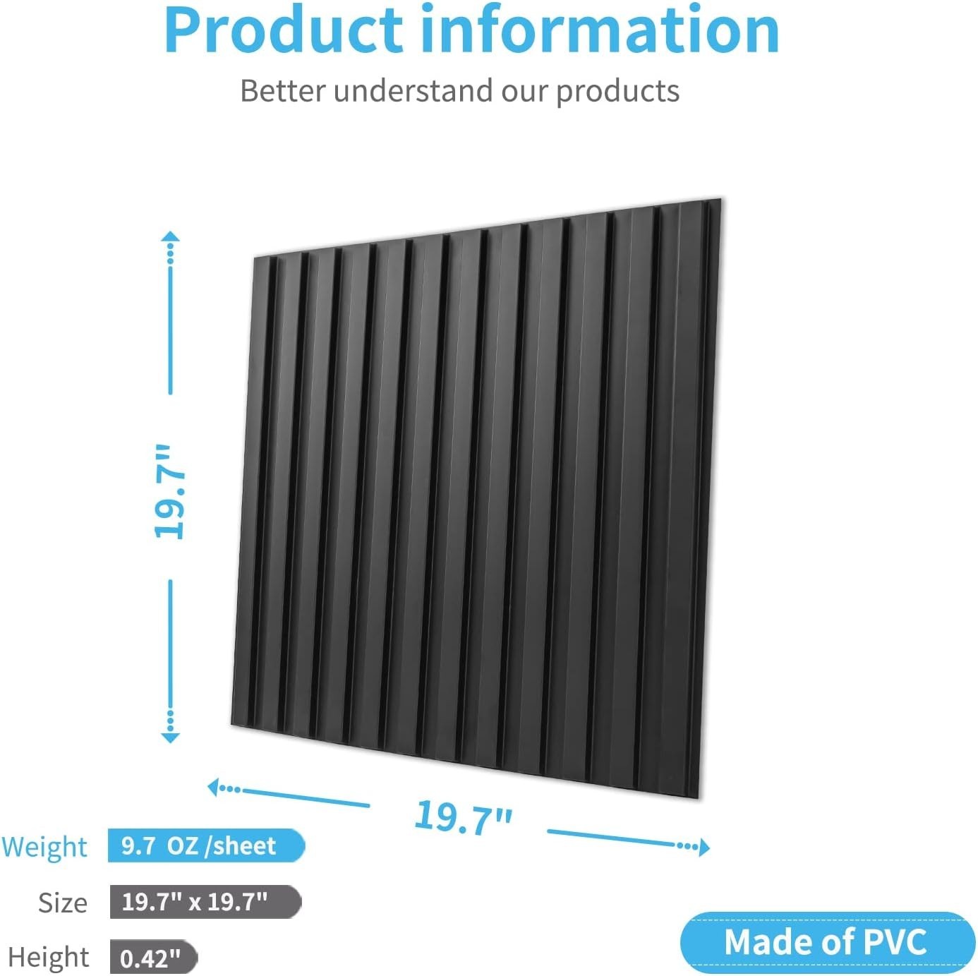 Art3d 12-Tiles Slat Wall Panel 3D Fluted Textured 19.7 x 19.7″ (32 sq ft) BLACK