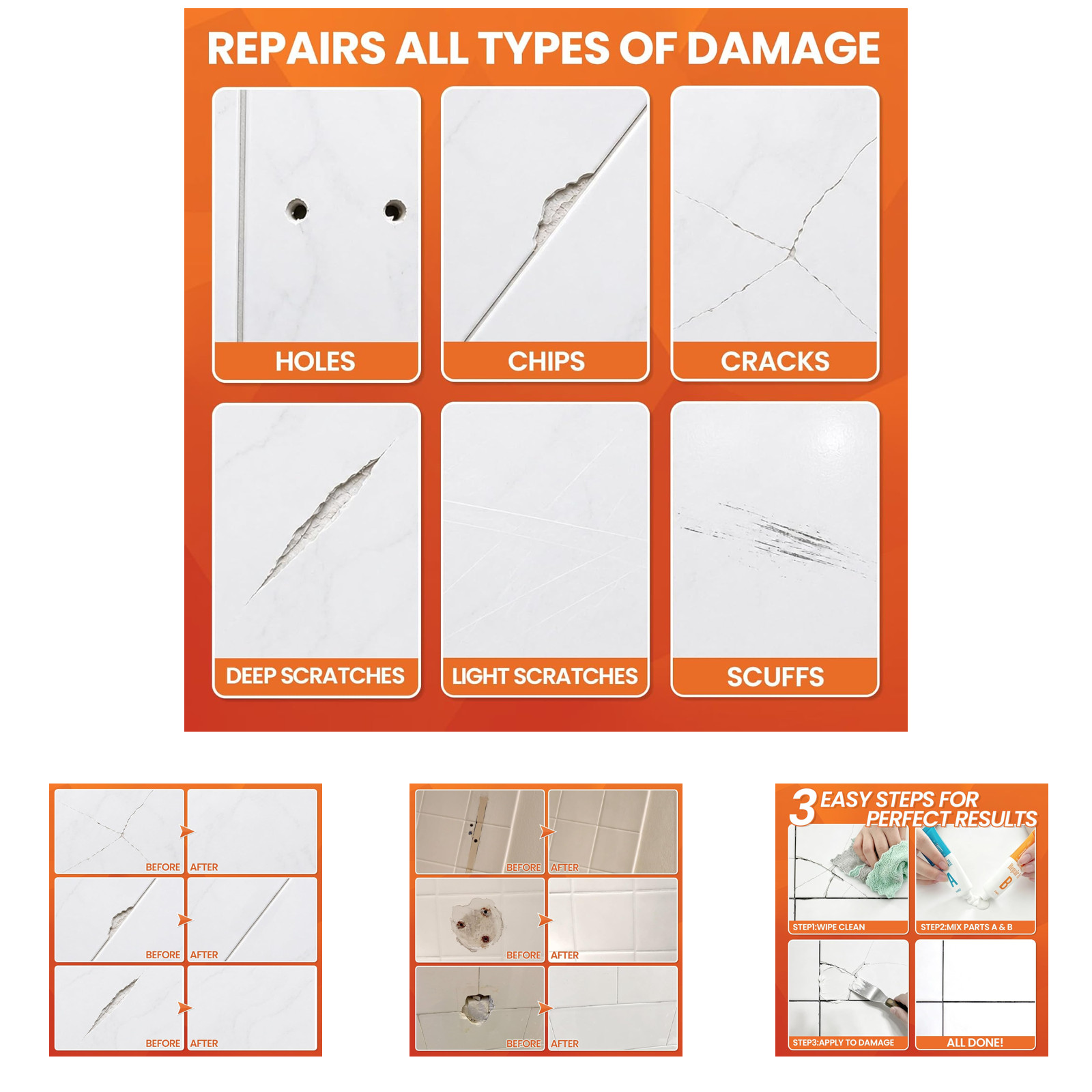 Tile Repair Kit Pure White Ceramic Porcelain Floor Wall Crack Chip Fix for