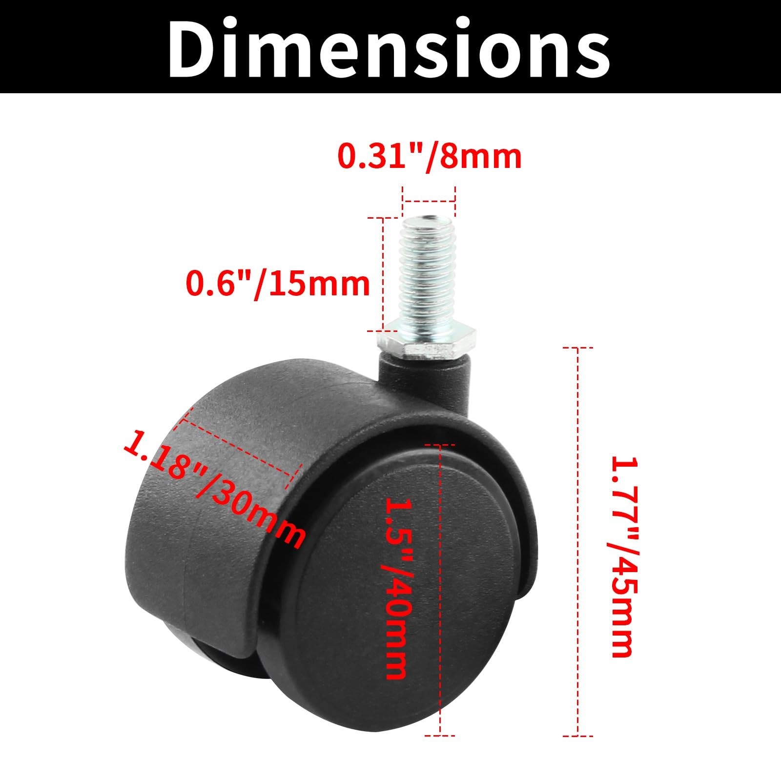 HOWDIA 4 Pack 1.5 Inch Swivel Caster Wheels for Cart, M8-1.25×15mm Threaded