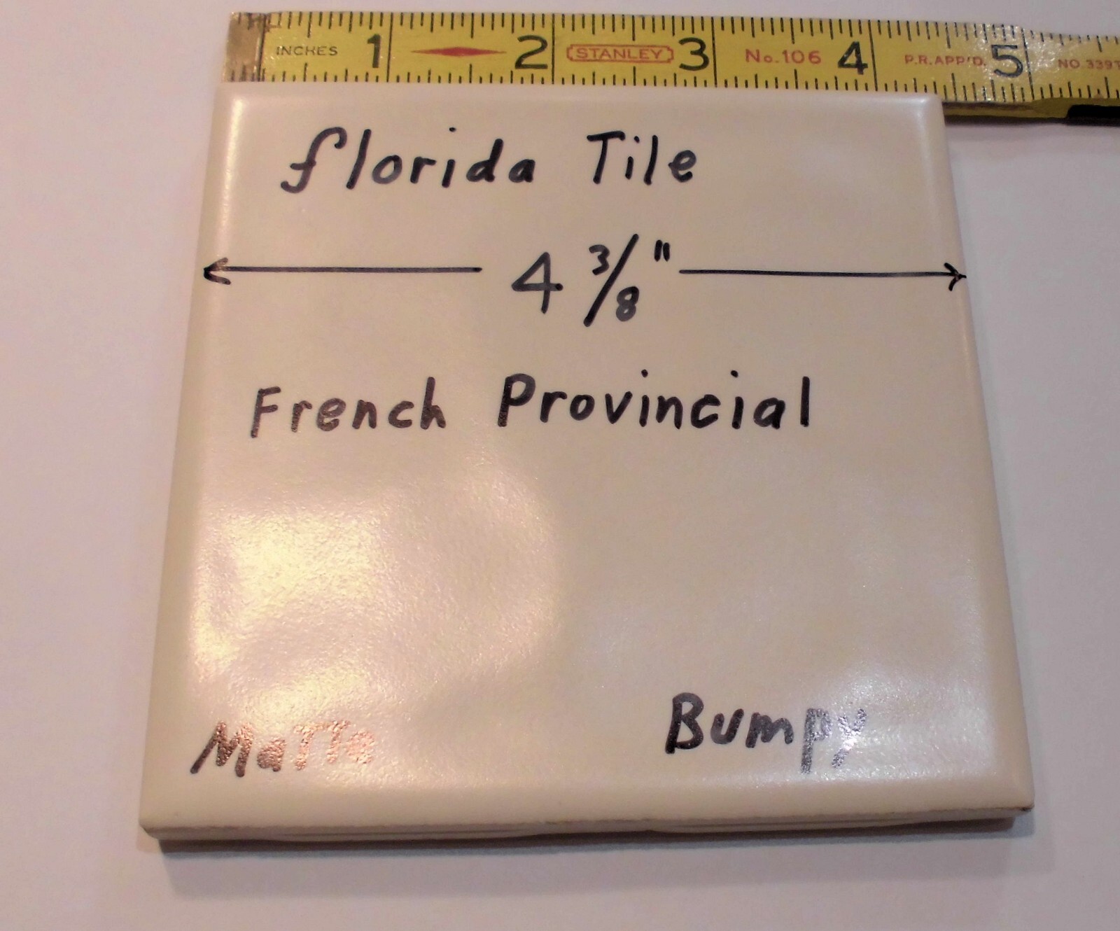 1 pc. French Provincial -Off White: Bumpy Matte Ceramic Tile 4-3/8″ Florida Co.
