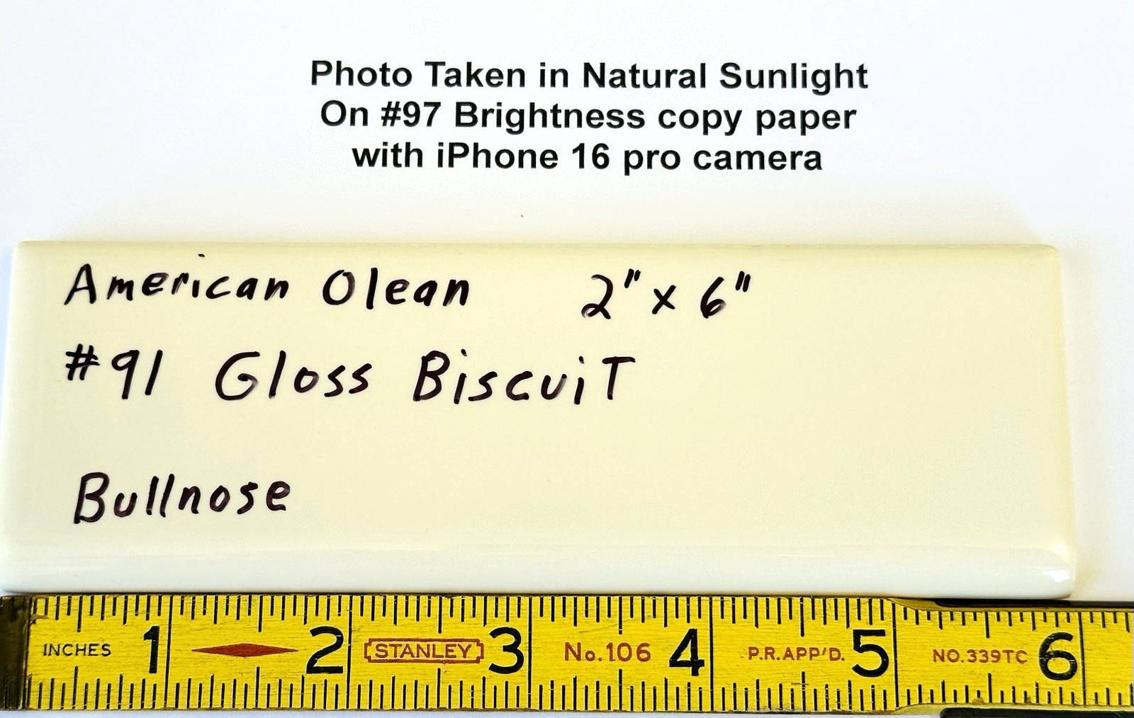 1 pc. Gloss Biscuit #91 by American Olean 2″ X 6″ Surface Bullnose Ceramic Tile
