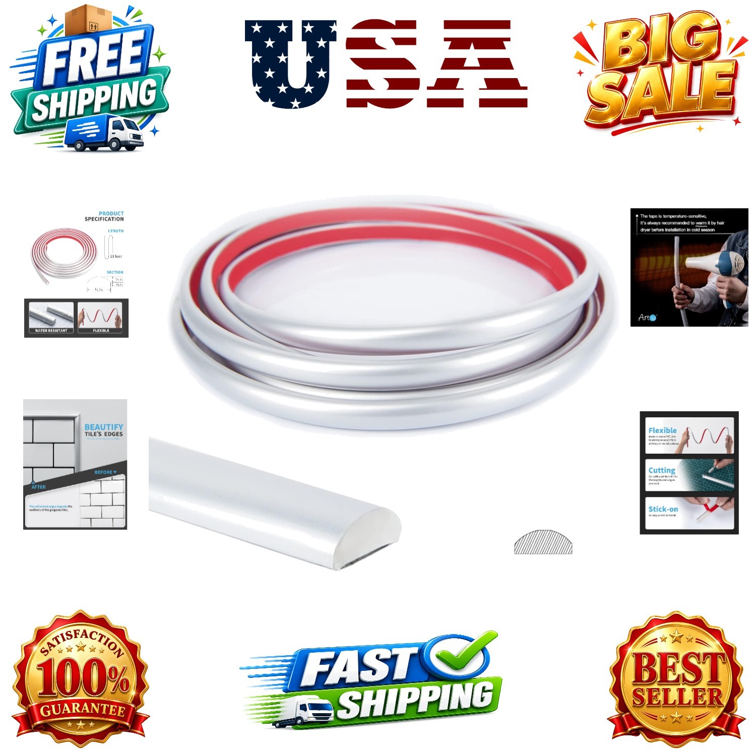 10 Ft Peel and Stick Trim for Backsplash Tile Edge, Self-Adhesive Liner for C…
