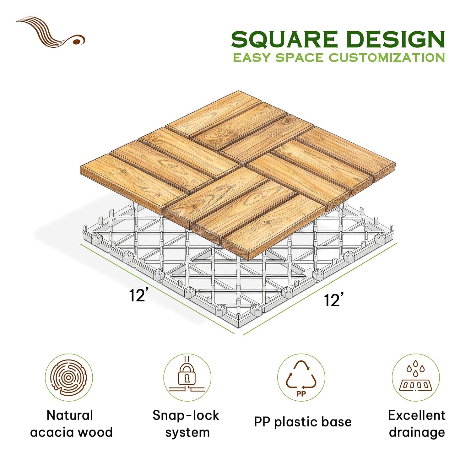 Acacia Wood Deck Tiles 12×12 Brown Natural Outdoor Wooden Decking Tiles for