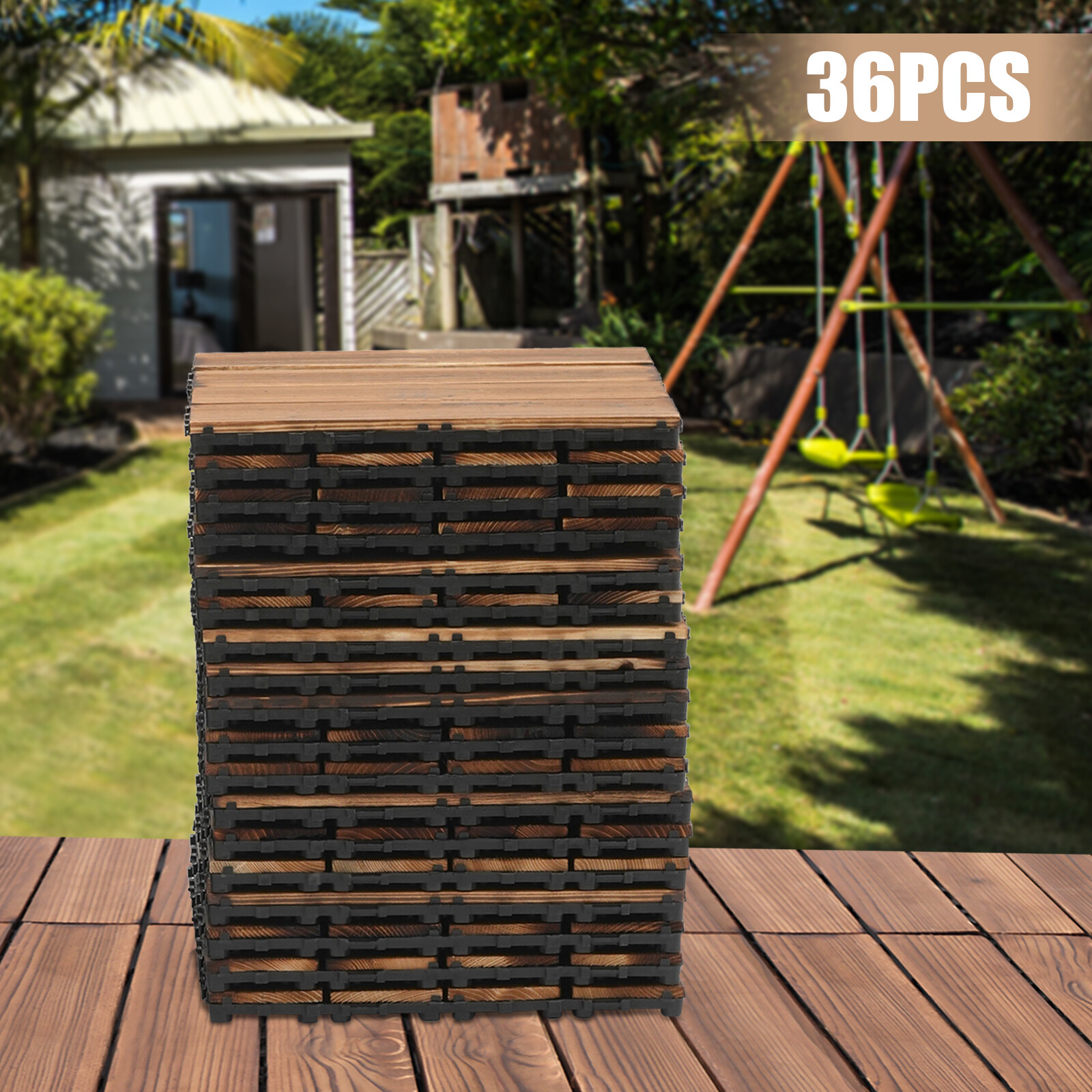 36Pcs Hardwood Interlocking Patio Deck Tiles Wood Flooring DIY Outdoor 12”x12”
