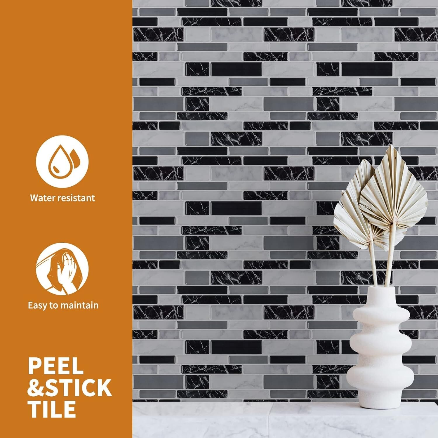 Elegant Striped Black Vinyl Backsplash Tiles 12″x12″ – Washable & Durable Design
