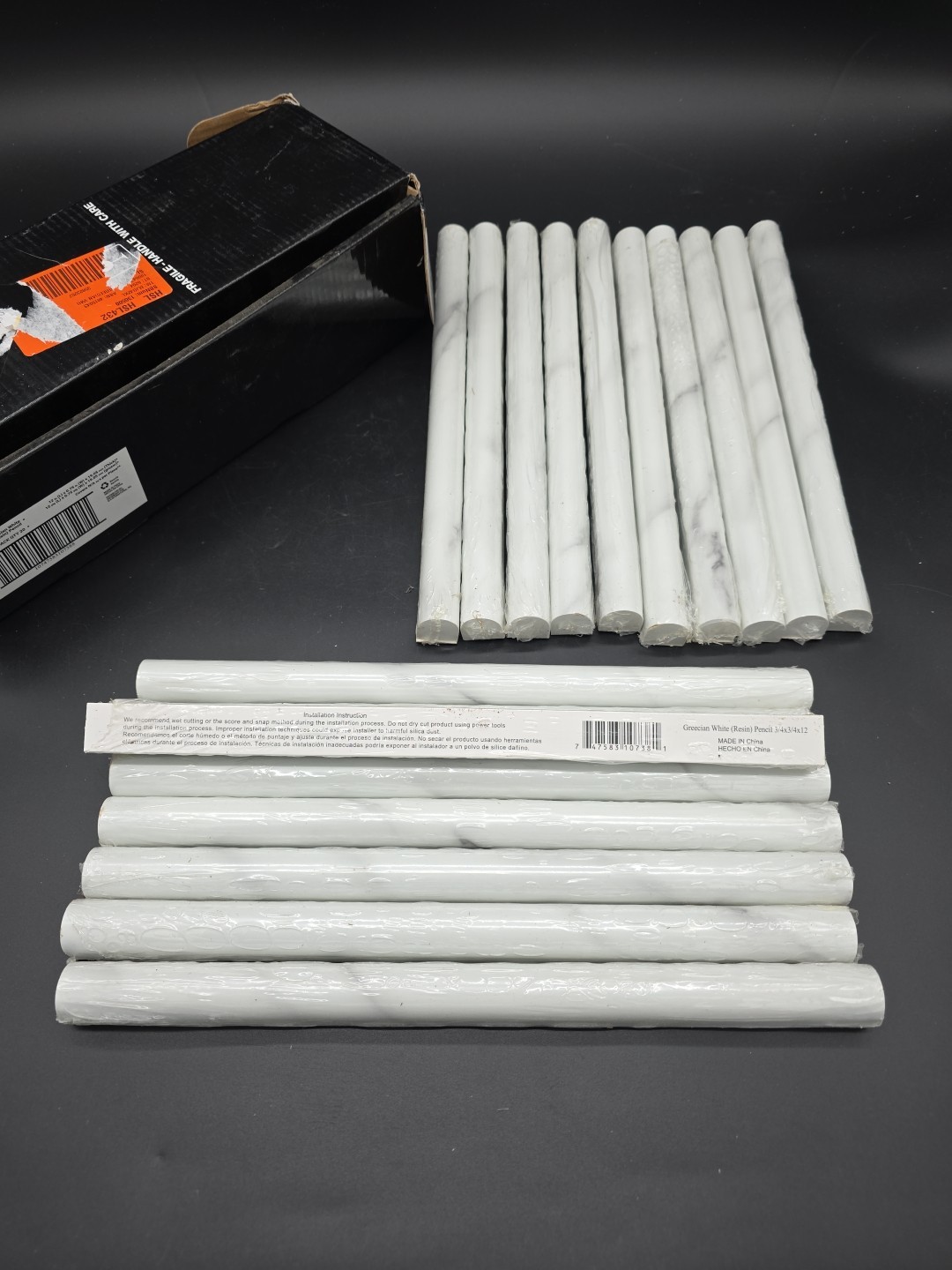18-Pack Grecian White Resin Marble Pencil Liner Tile Trim, 3/4” x 3/4″ x 12″