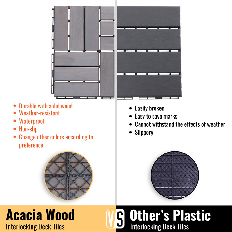 12″x12” Interlocking Deck Tiles Checker Pattern Acacia Wood Outdoor Flooring