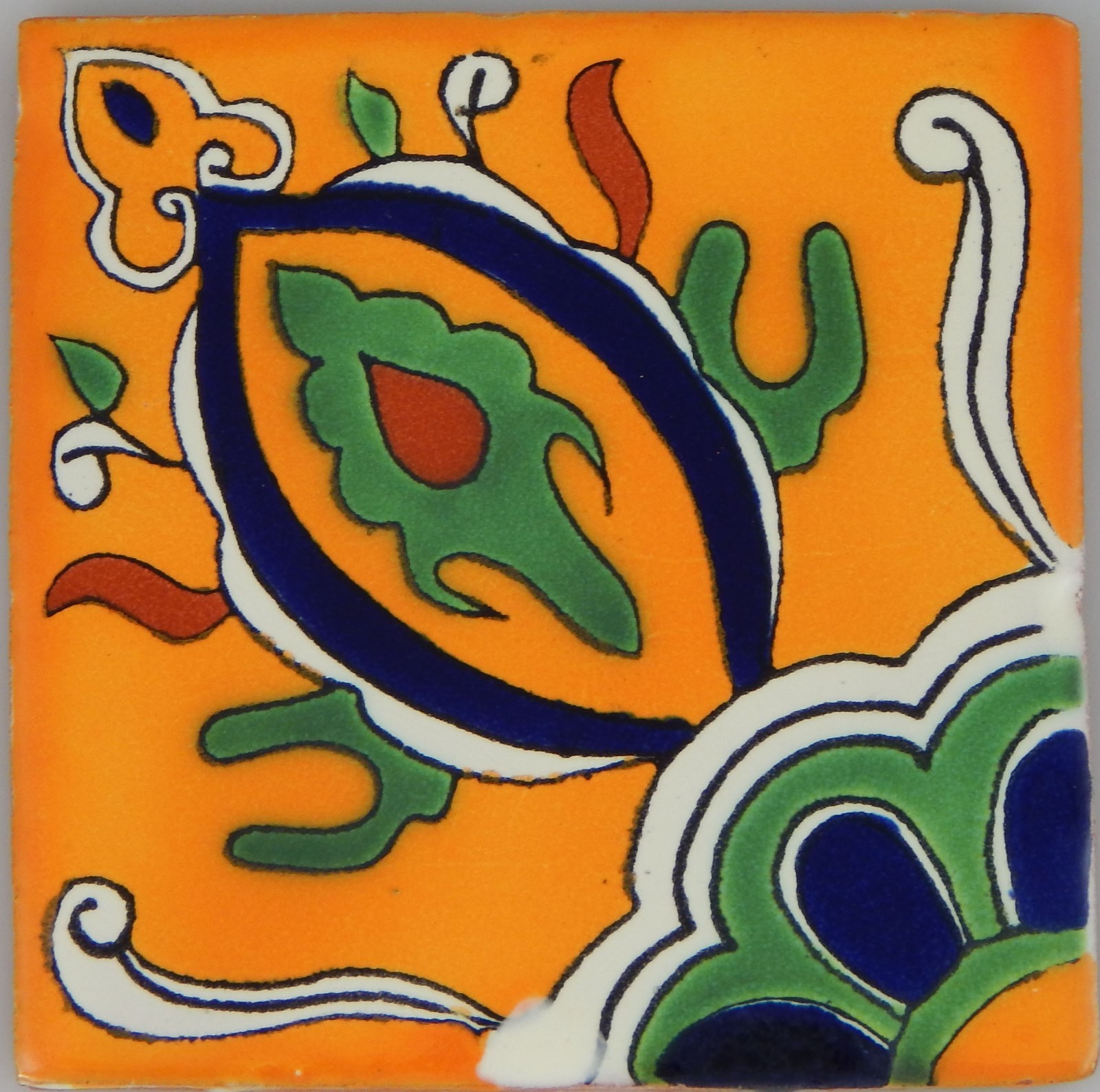 C349- Mexican Handmade Talavera Clay Tile Folk Art 4×4″ Handpainted