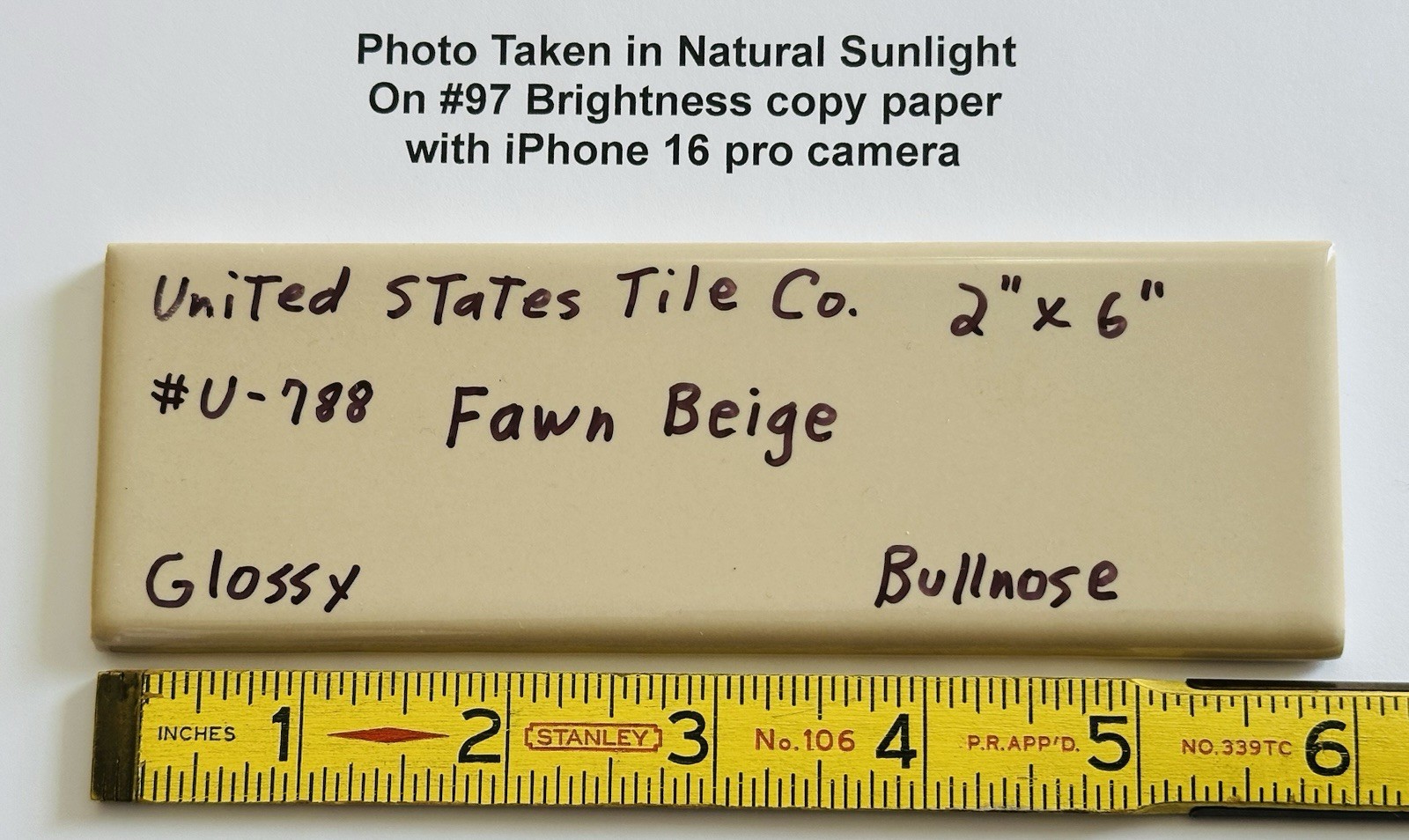 1 pc. Fawn Beige: Glossy Ceramic Surface Bullnose Trim Flat Tiles: Light Brown