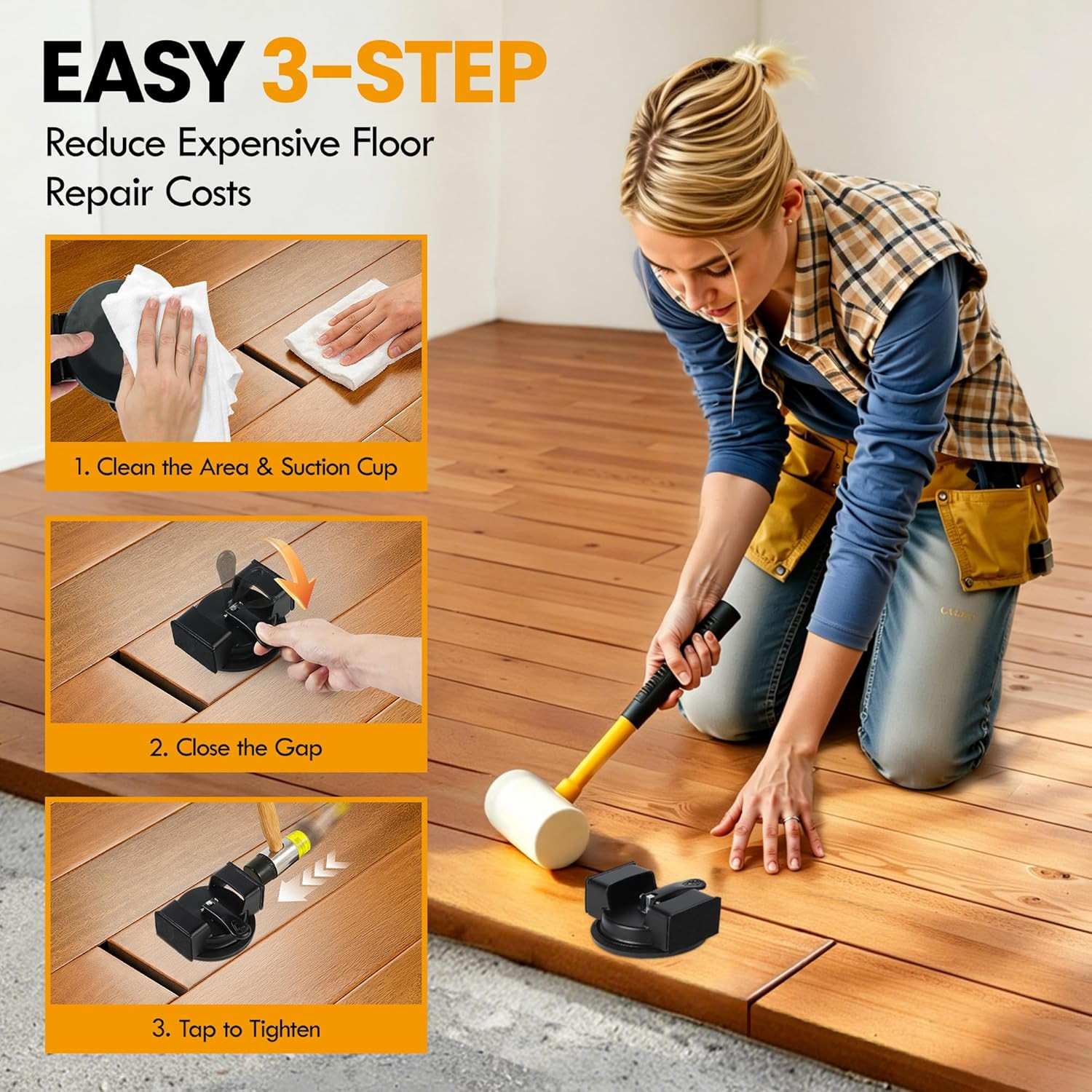 Iron Floor Gap Fixer Tool with Suction Cup, Dual Striking Heads & 4 Adhesive Pad
