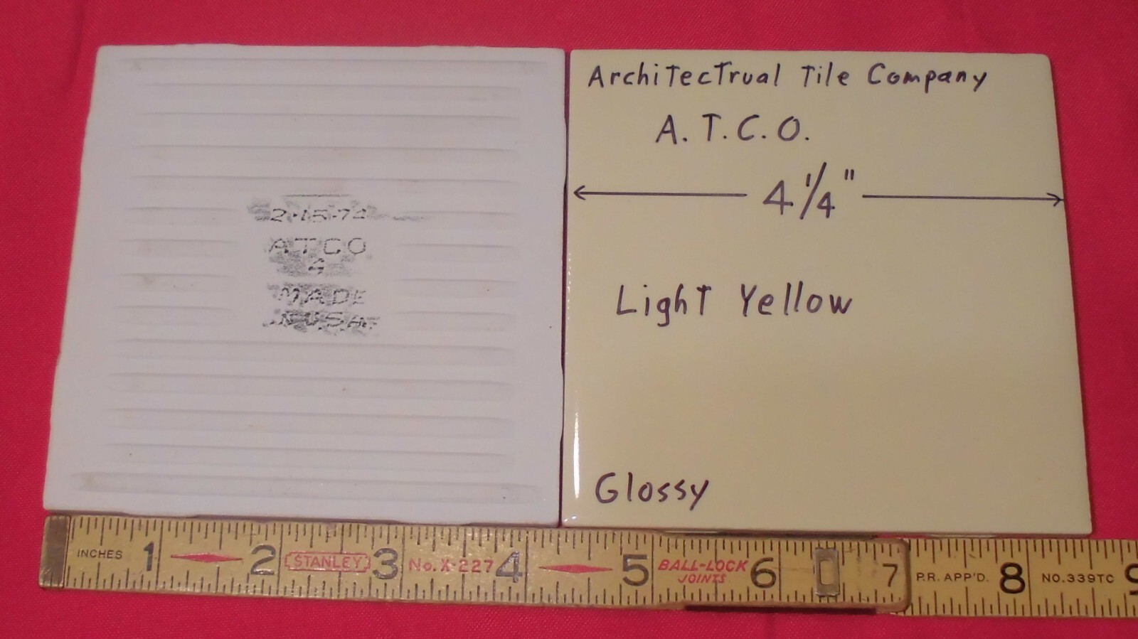 1 pc. Lighter Yellow: 4-1/4″ Glossy Ceramic Tile by A.T.C.O. Made in USA, New