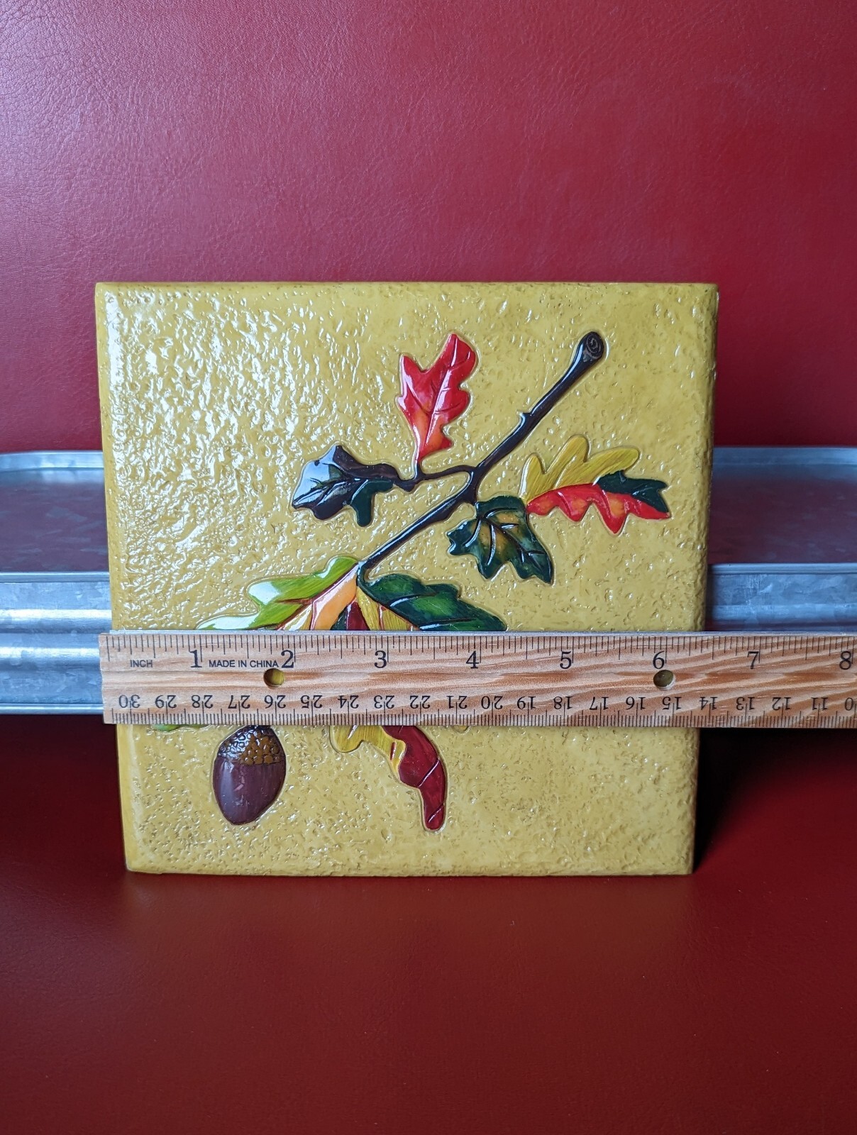 6 ½” Yellow 3D Colorful Fall LEAVES Branch Acorn Art Resin Accent TILE Trivet