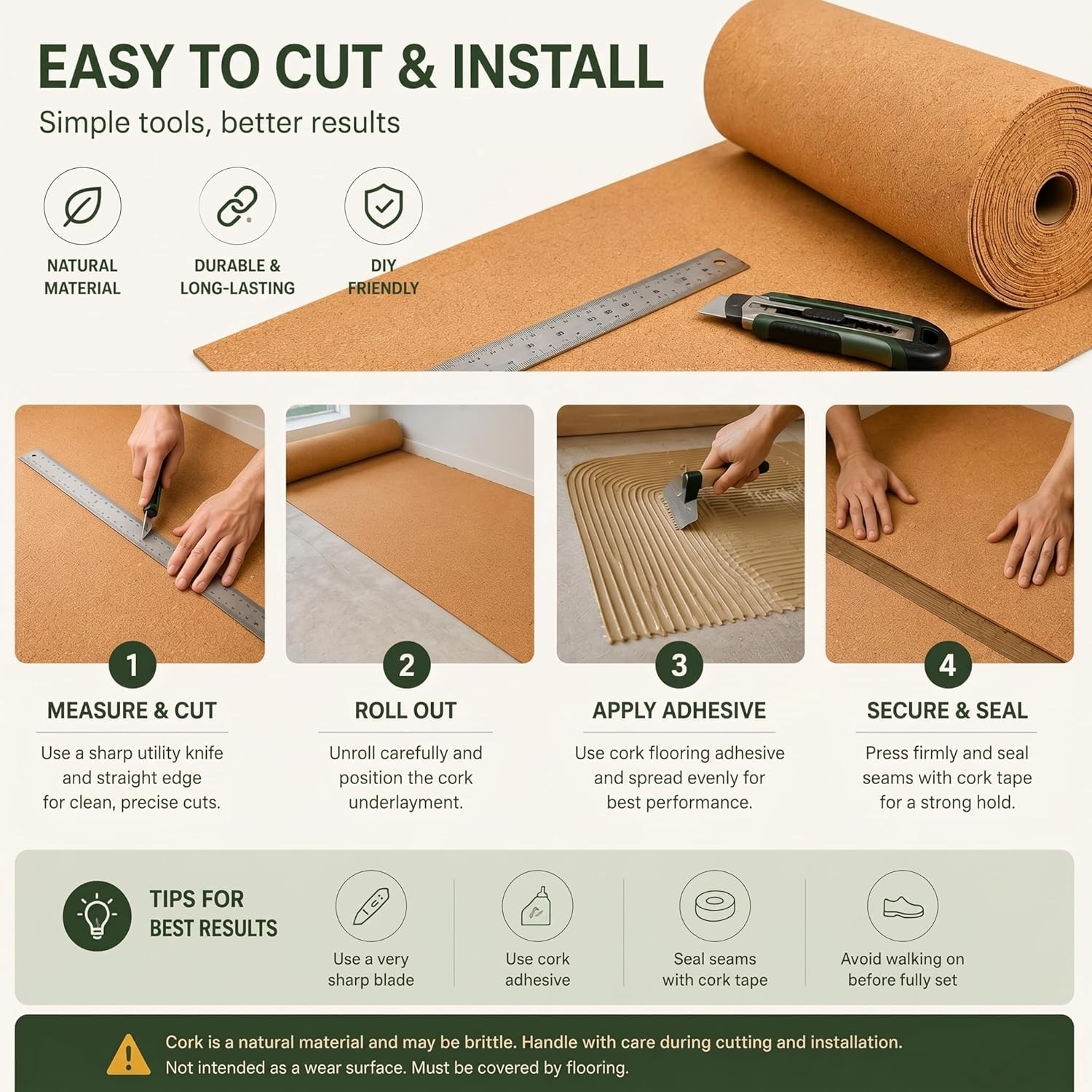 200 Sq. Ft. Cork Roll Cork Mat Roll 48 X 600 Inch Cork Underlayment Roll 1/8 Thi