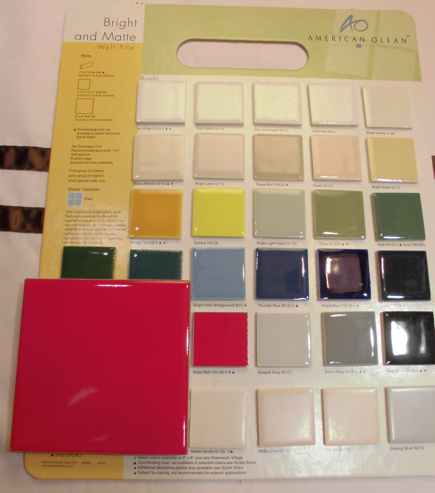 1 pc. Gloss Ruby Red: Ceramic Tile by American Olean 4-1/4″ Brilliant Color, NEW