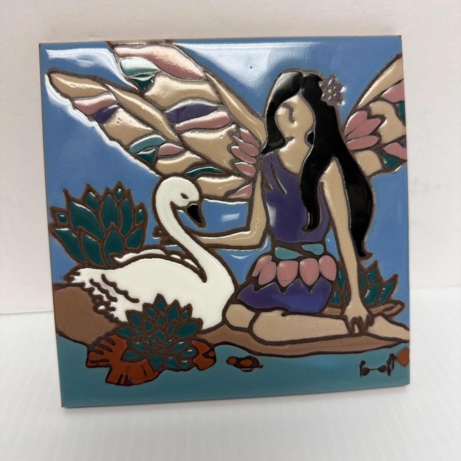 Ceramic Art Tile 6″x6″ Fairy Pixie Women Butterfly / Goose Hand Painted