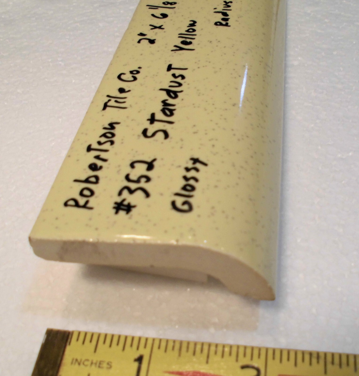 1 pc. *Stardust Yellow* Ceramic Tile; 2″ X 6-1/8″ Radius Bullnose; by Robertson