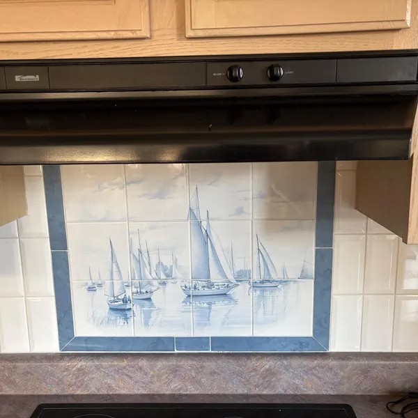 Sailboats scene tiles in delft style, nautical shower or kitchen back tiles