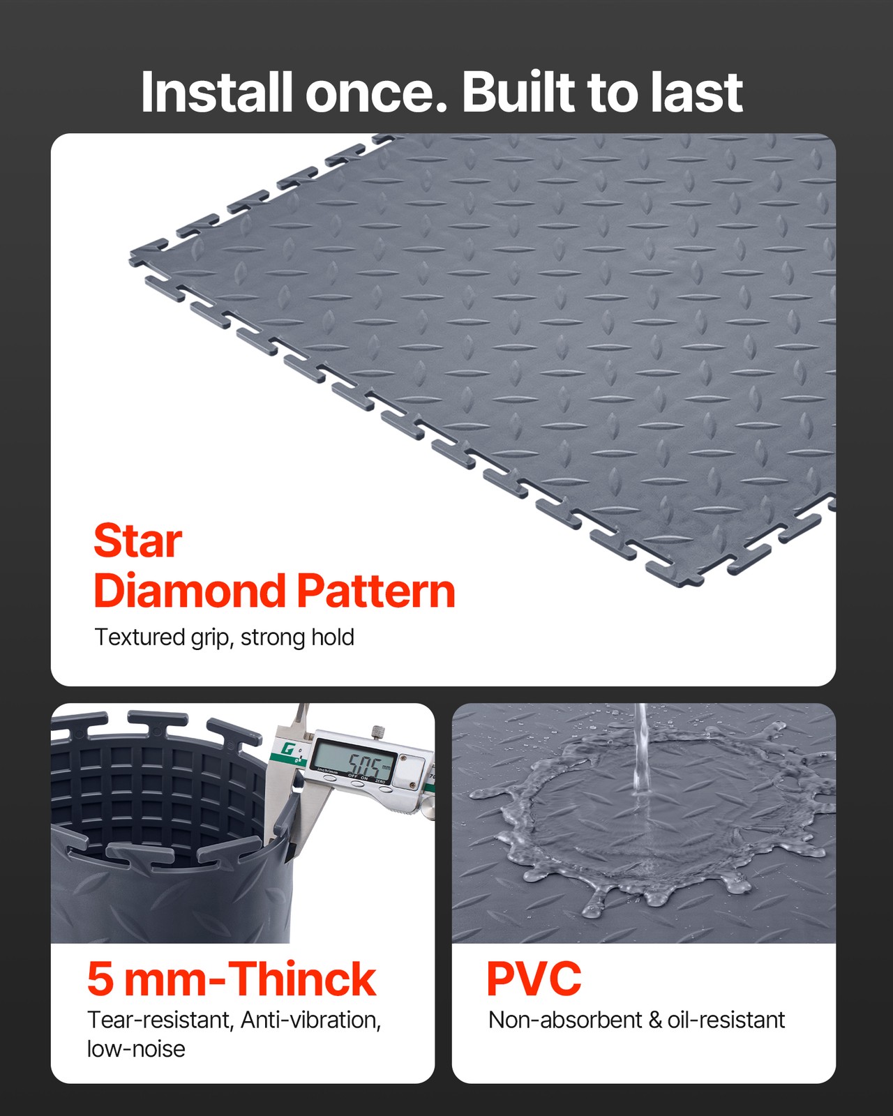 VEVOR Garage Floor Tiles Interlocking 16 Pack 20.2×20.2×0.2 in PVC Graphite Gray