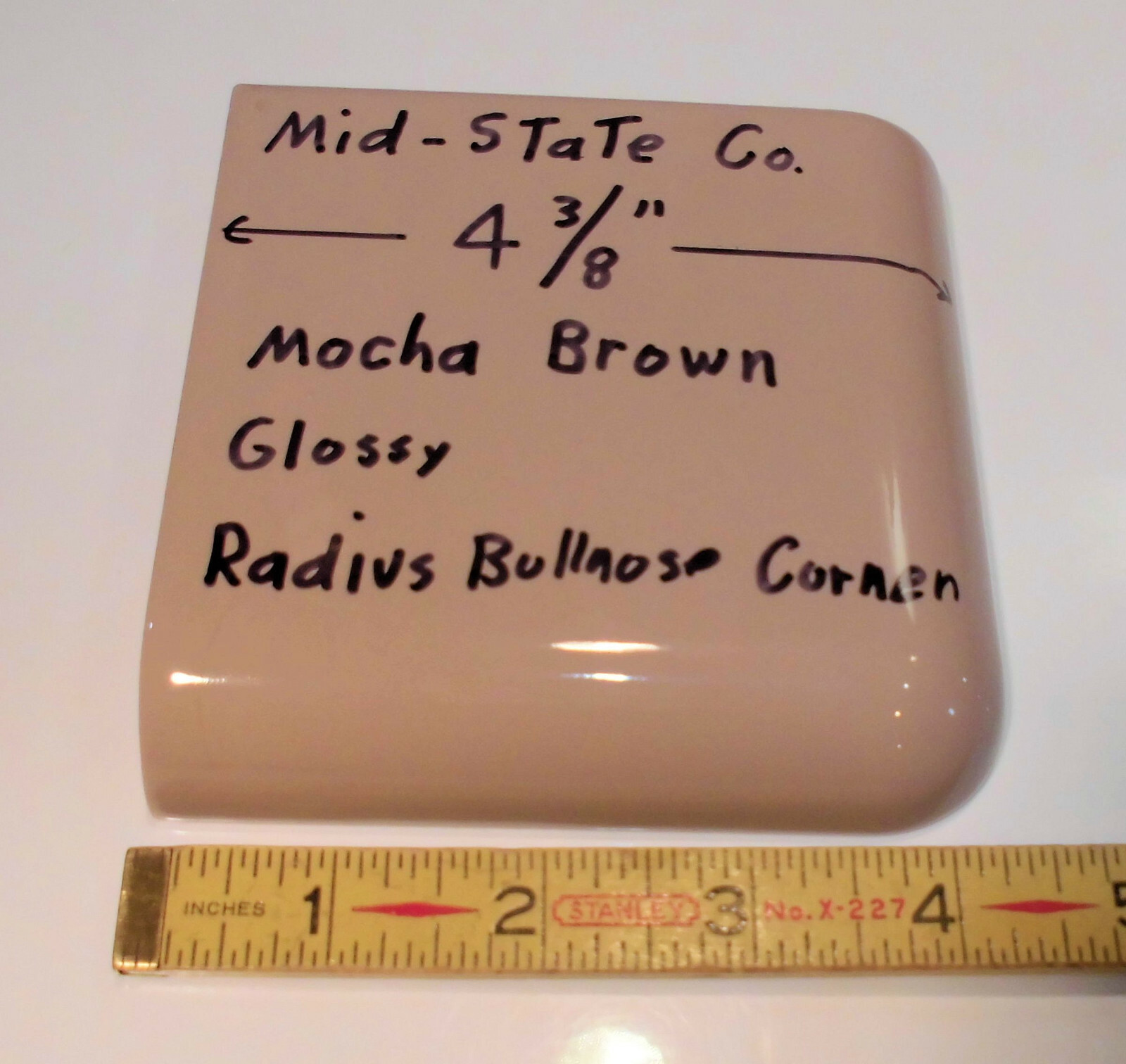 1 pc. Corner Bullnose; Mocha Brown; Glossy Ceramic Tile by Mid-State 4-3/8″ Mudd