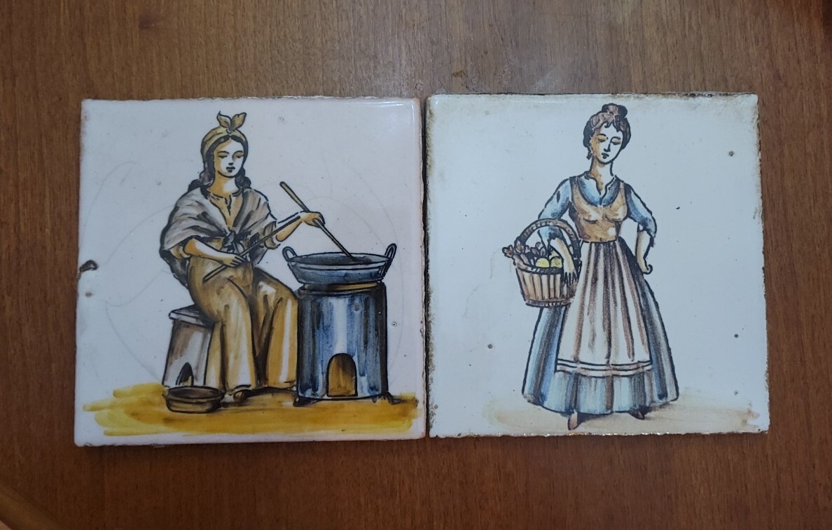 ANTIQUE European Italy Art lady ceramic porcelain Handpainted tiles Salvage